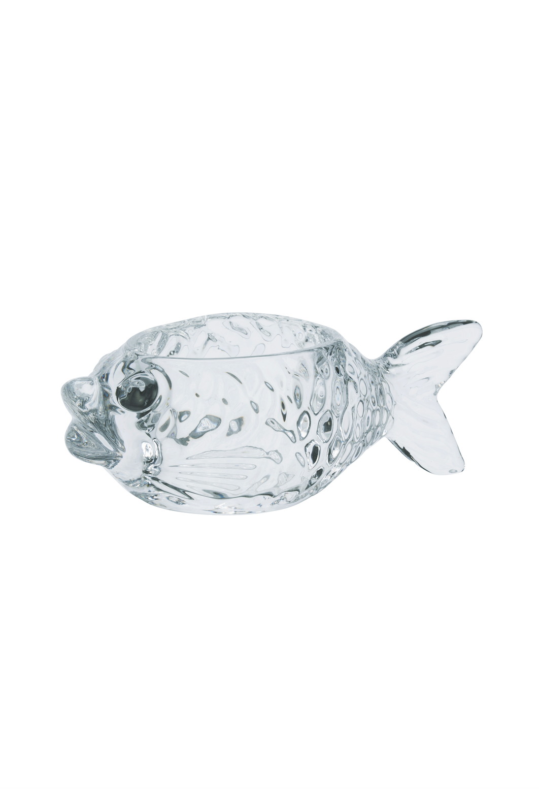 Clear glass fish-shaped bowl on a white background