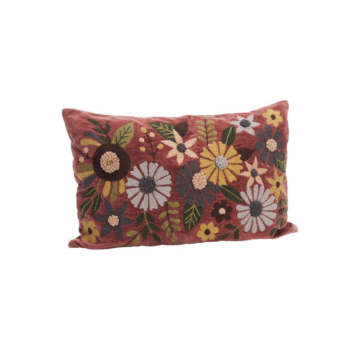 Rectangular dusty pink cotton velvet cushion with intricate embroidered floral patterns.