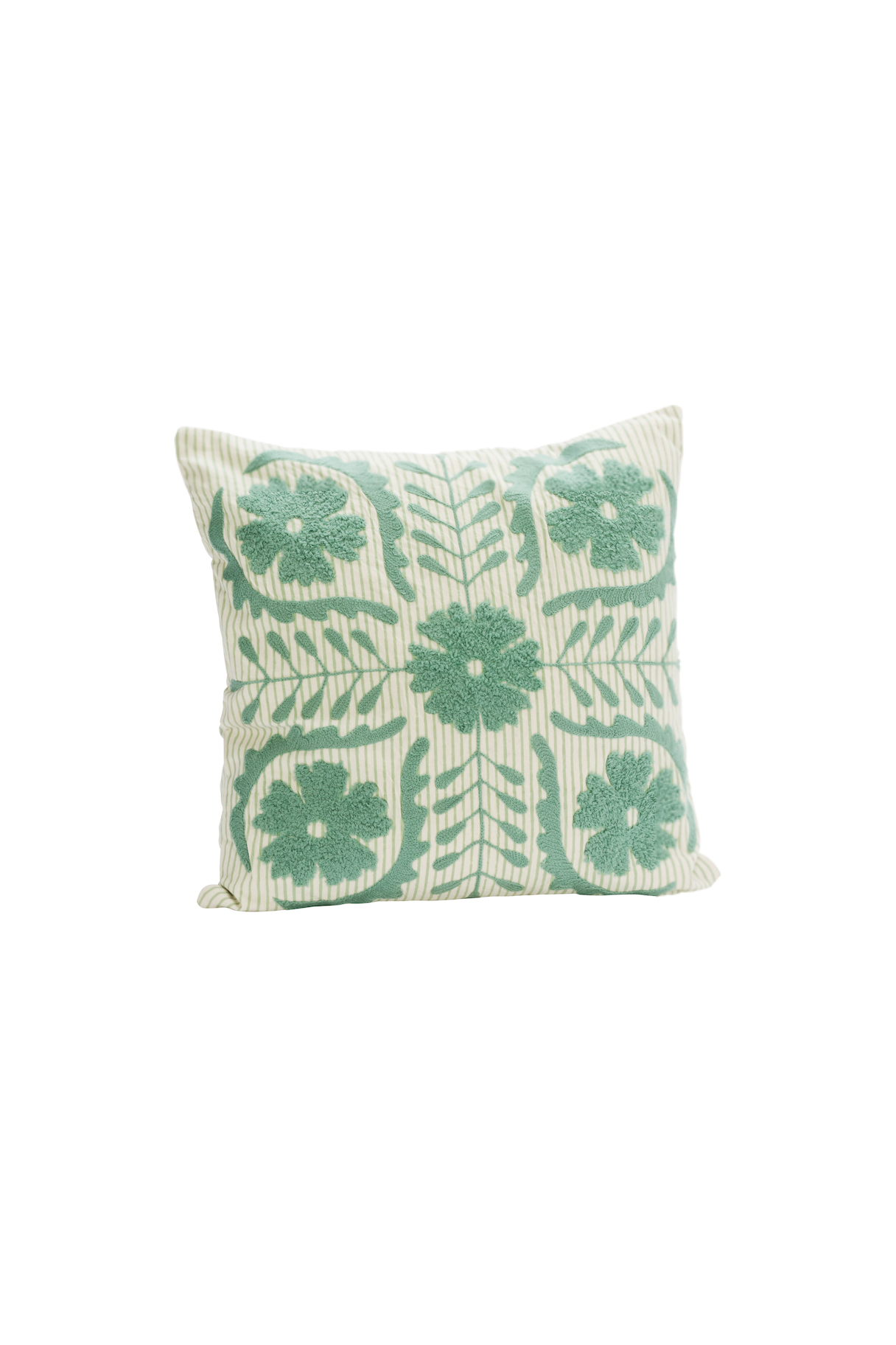 Decorative pillow with green floral pattern on a white background