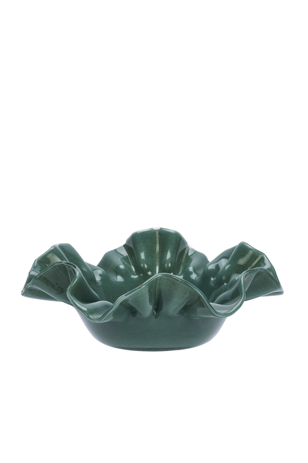 Green ceramic bowl with ruffled edge on a white background