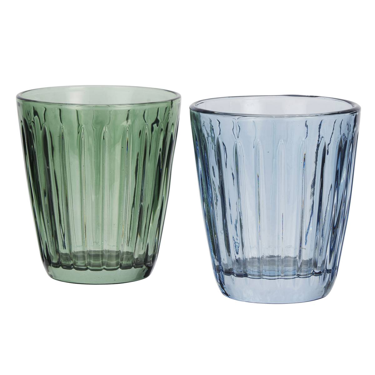 Set of ribbed blue and green glass tumblers for homeware