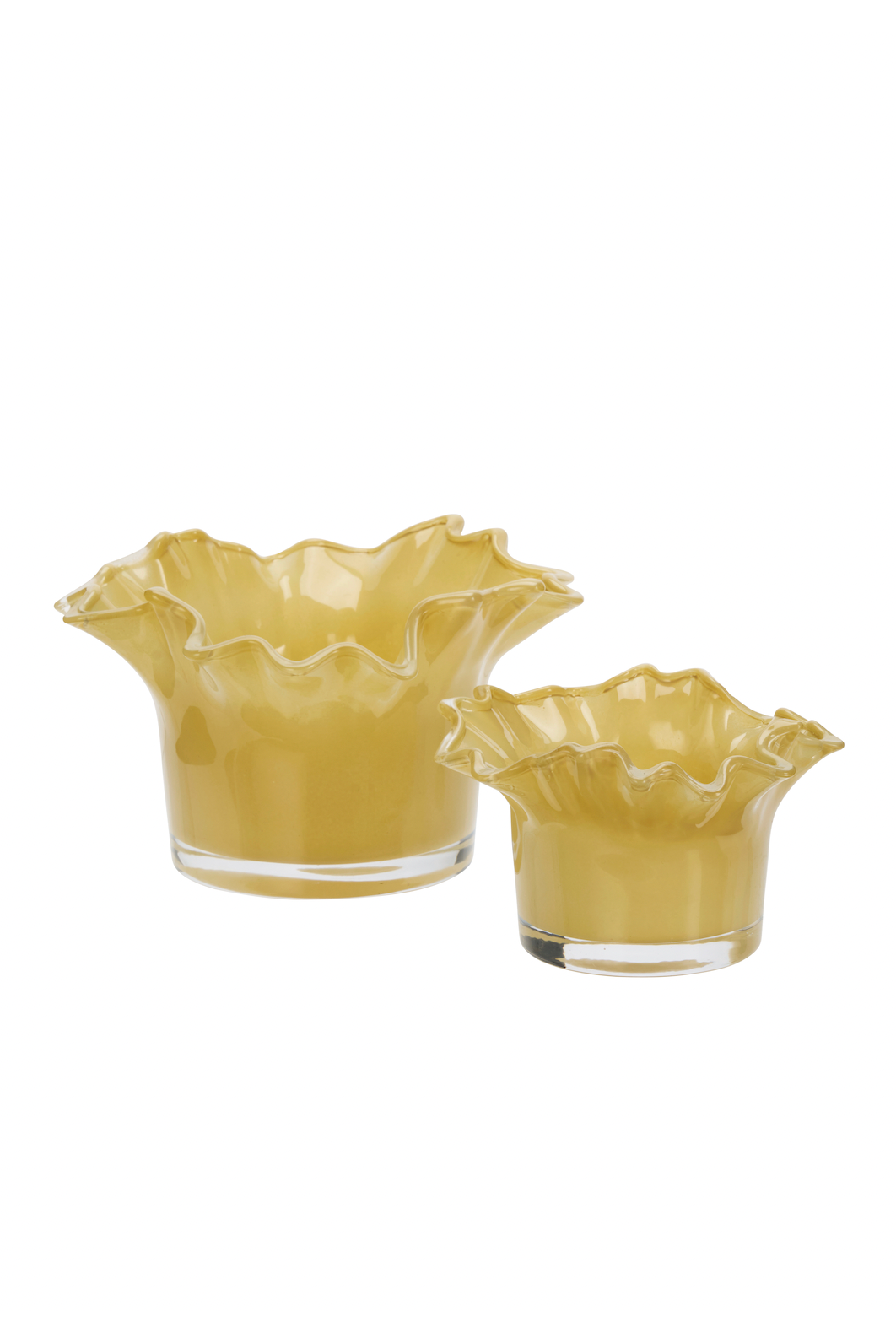Two yellow glass vases with ruffled edges on a white background