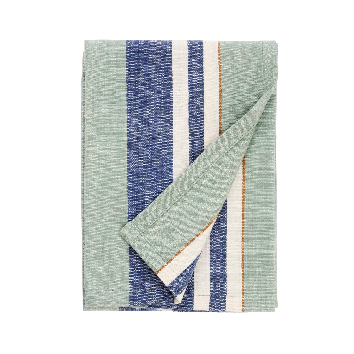 A folded Madam Stoltz cotton kitchen towel with sage green, blue, and white stripes on a white background.