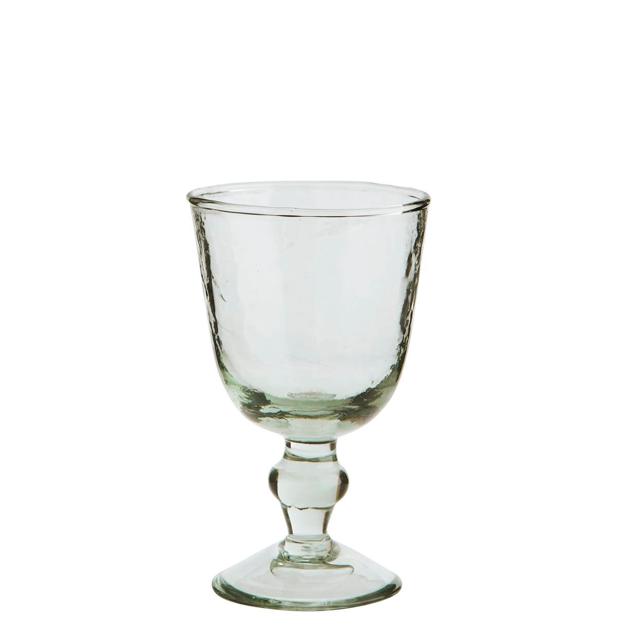 A clear, textured glass wine glass by Madam Stoltz set against a plain white background.
