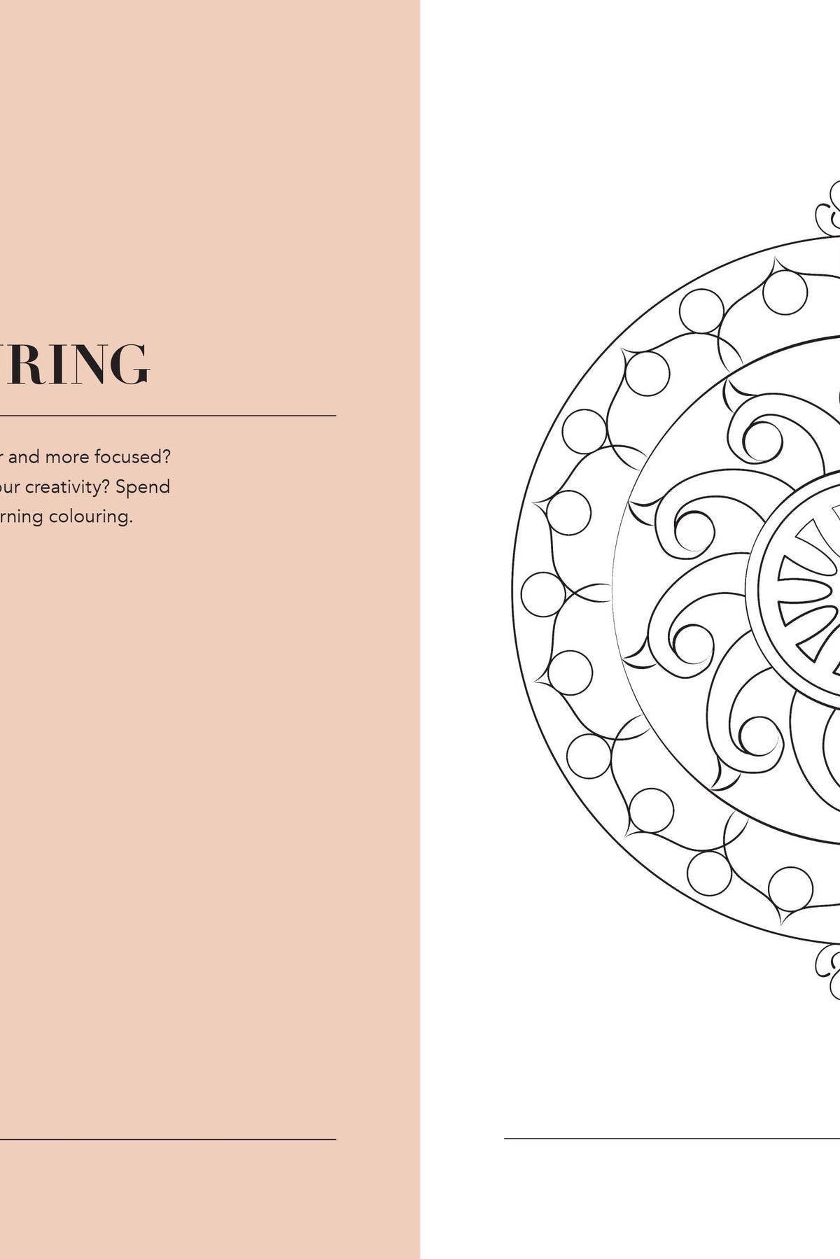 A mandala colouring page in a mindfulness journal with text about boosting creativity and focus.