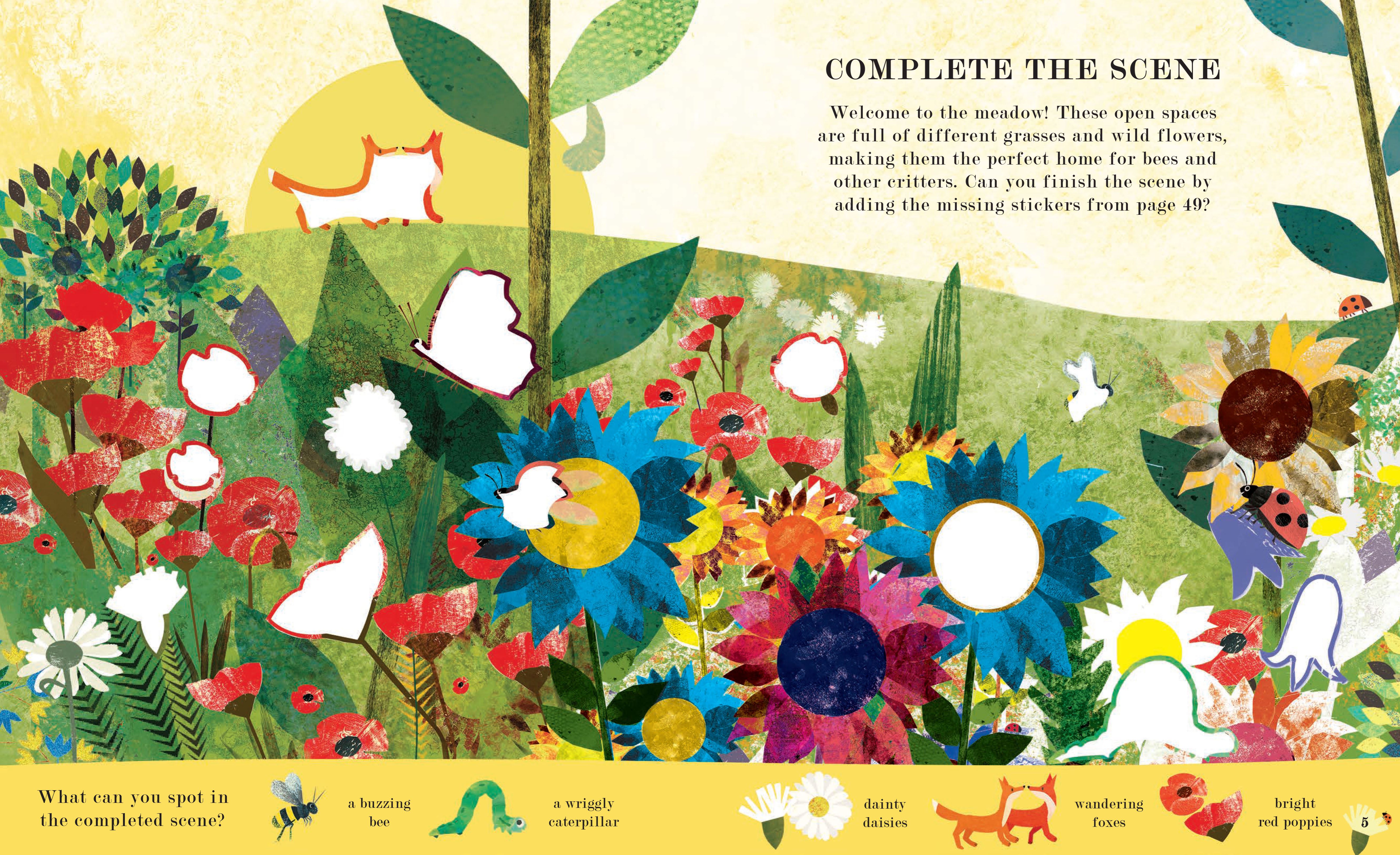 A colorful children's activity book page featuring a meadow scene with empty white spaces for placing insect and flower stickers.