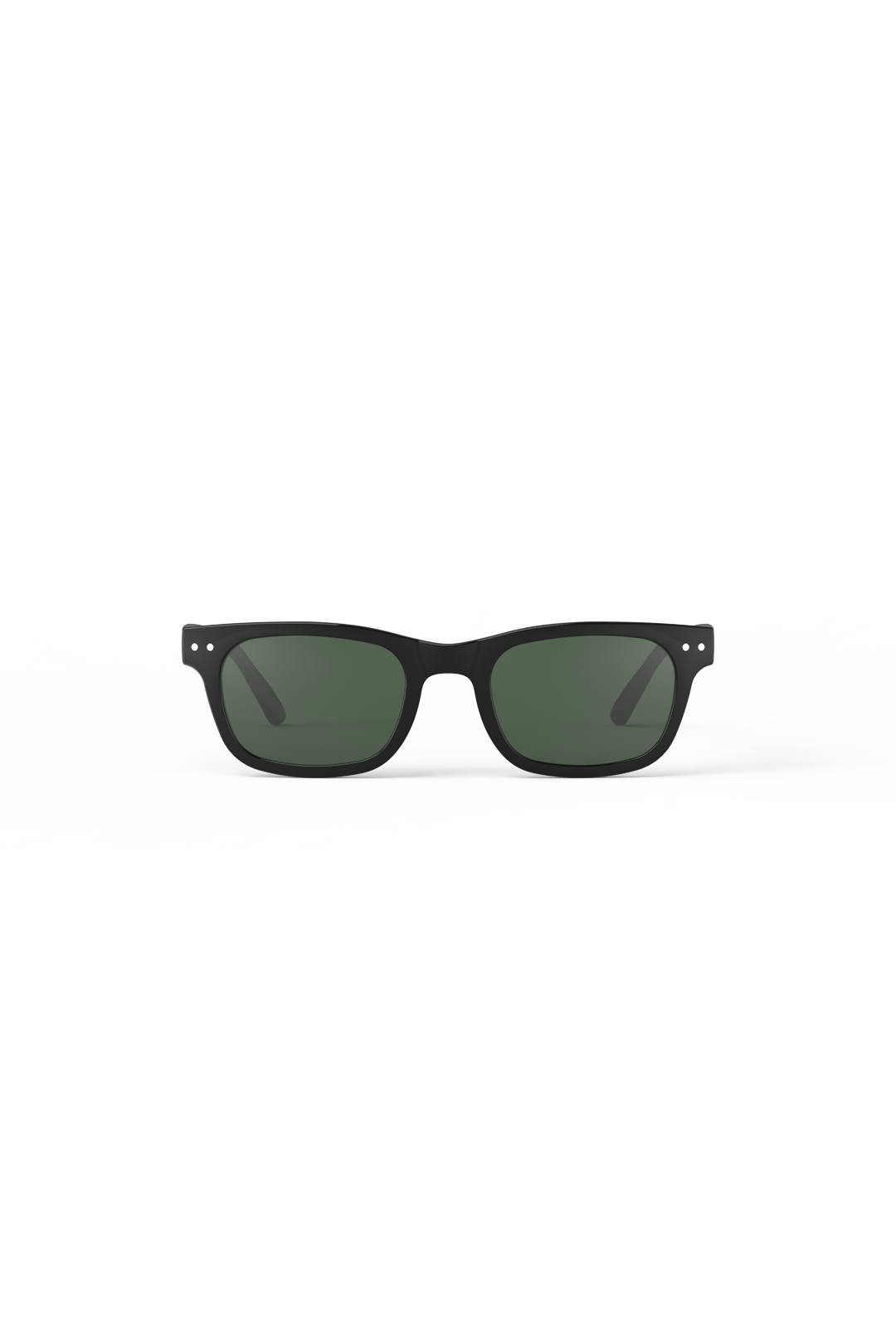 Black square sunglasses with dark green lenses, shown from the front on a clean white background.