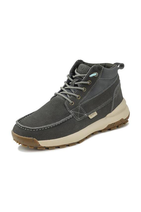 A dark gray suede high-top shoe with gray laces, a cream midsole, and a brown outsole, shown from a three-quarters angle on a white background.