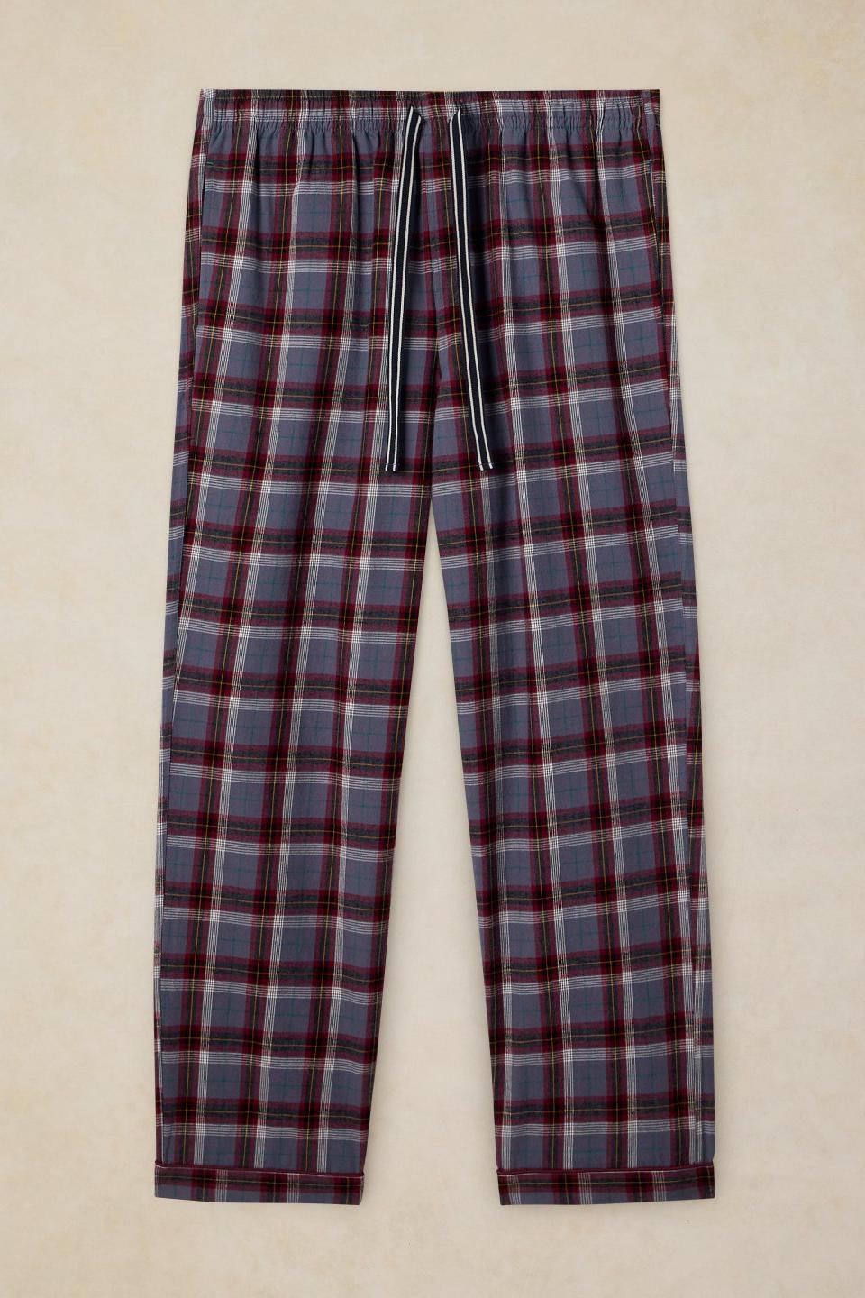 Men's organic cotton pyjama bottoms in a plum check print with a drawstring waist.