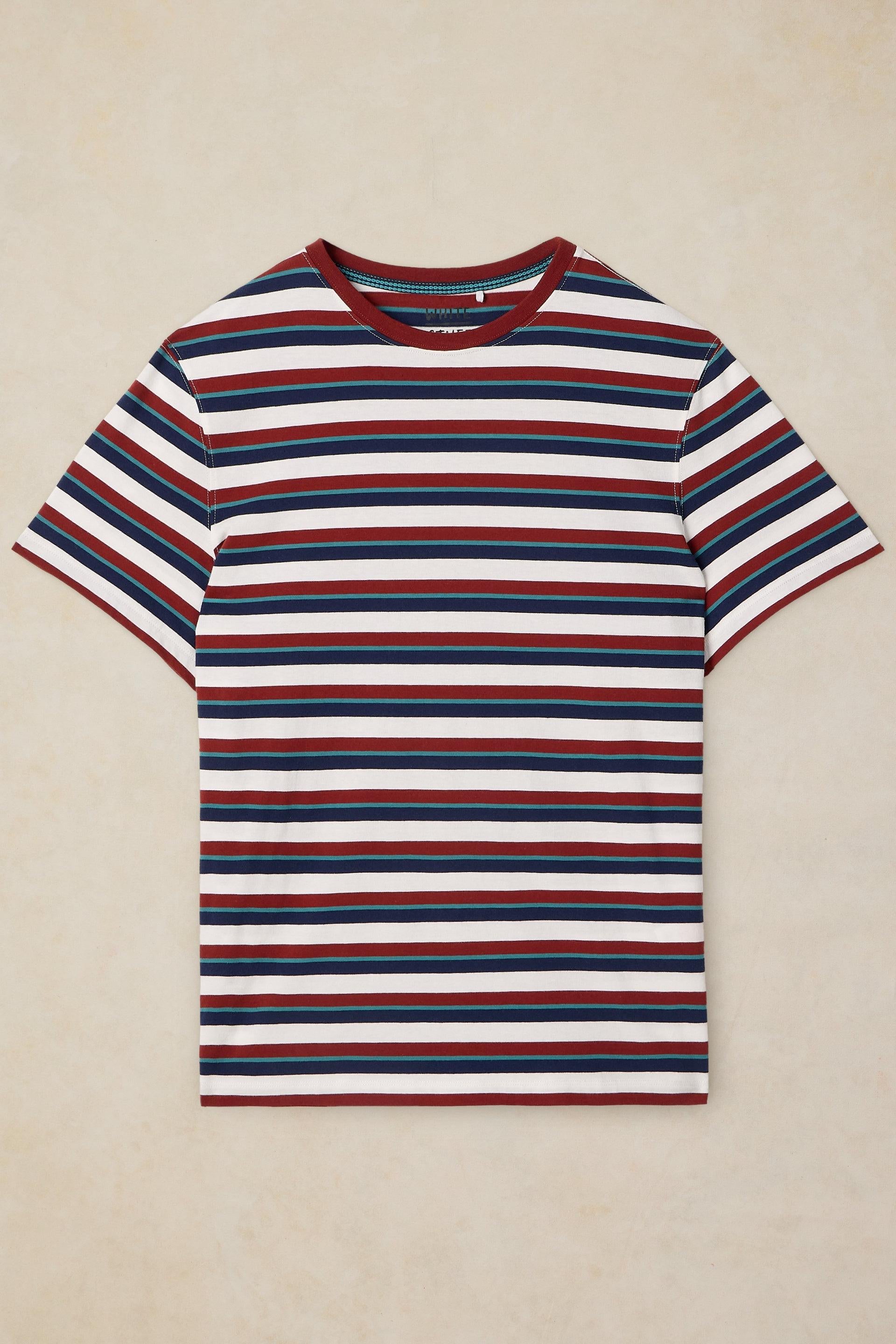 A short-sleeve crewneck t-shirt with horizontal stripes in navy blue, burgundy red, and white, laid flat against a textured beige background.