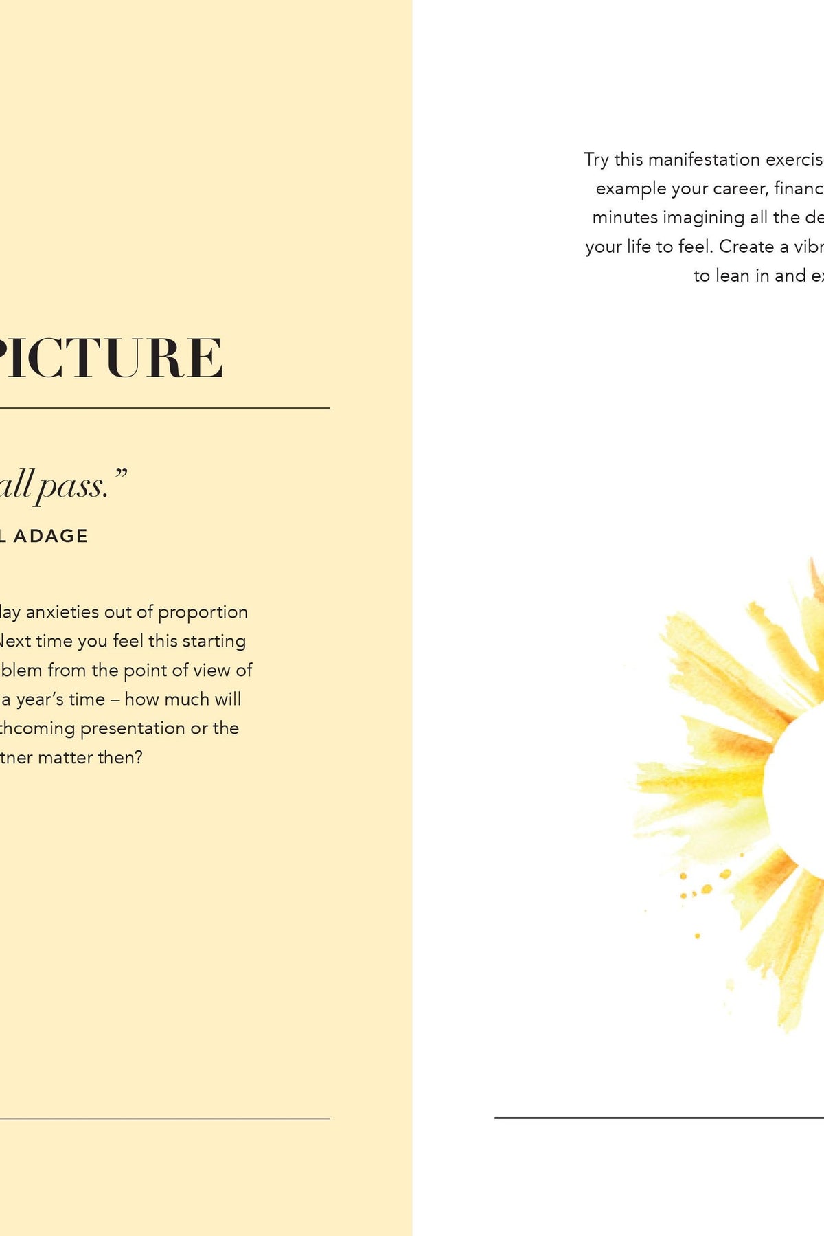 A mindfulness journal page featuring a manifestation exercise and a watercolour sun illustration.