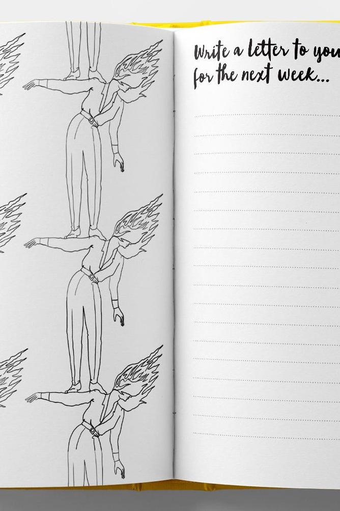 Open mindfulness journal page with a creative illustration and a writing prompt for self care.
