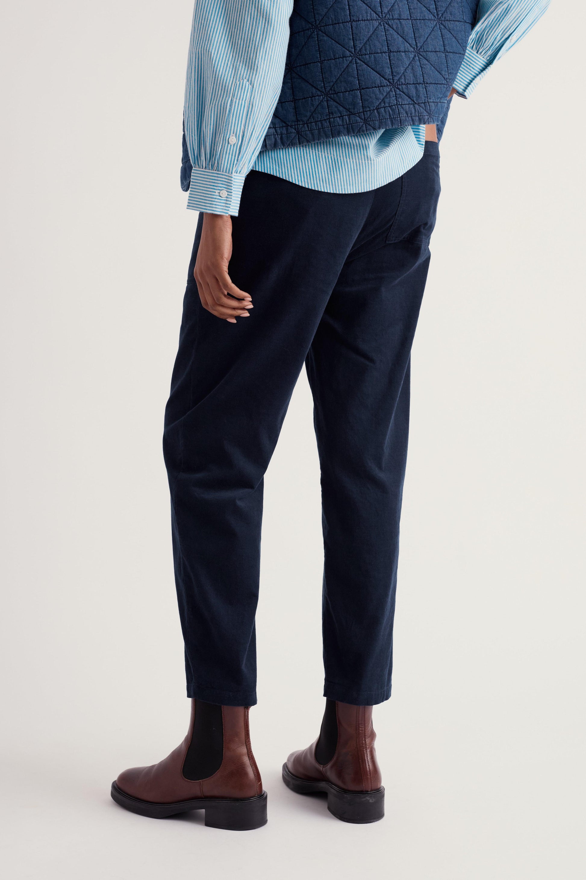 A person shown from the back wearing dark navy trousers, a light blue striped shirt, a navy quilted vest, and brown Chelsea boots against a plain light background.