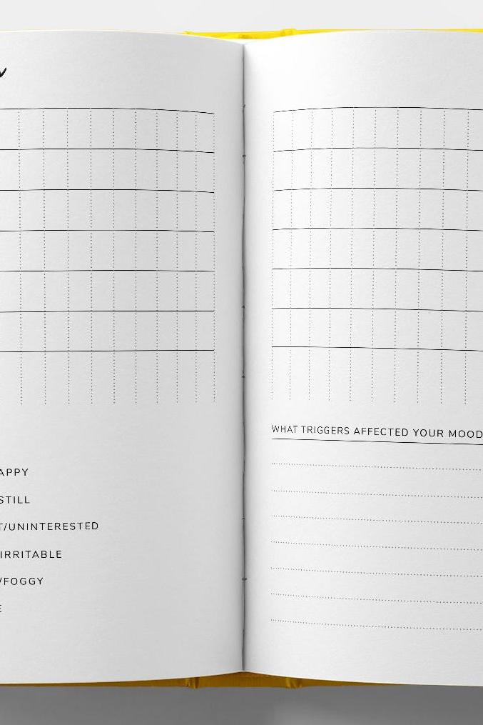 Open journal page featuring a mood tracker chart for daily self-care and mindfulness tracking.
