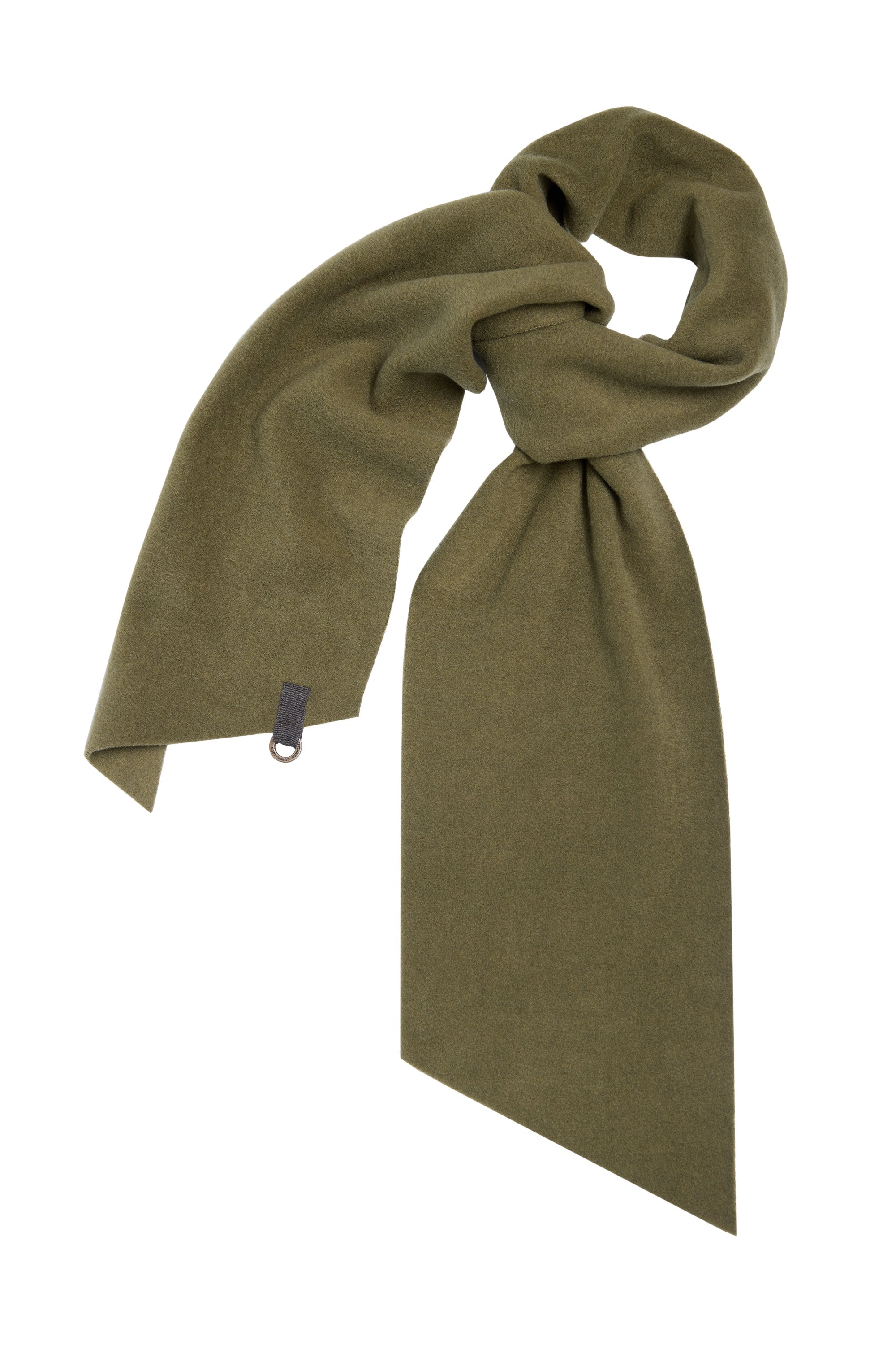 An olive green fleece scarf with a small dark gray fabric tag and metal ring, styled in a loose knot on a solid white background.