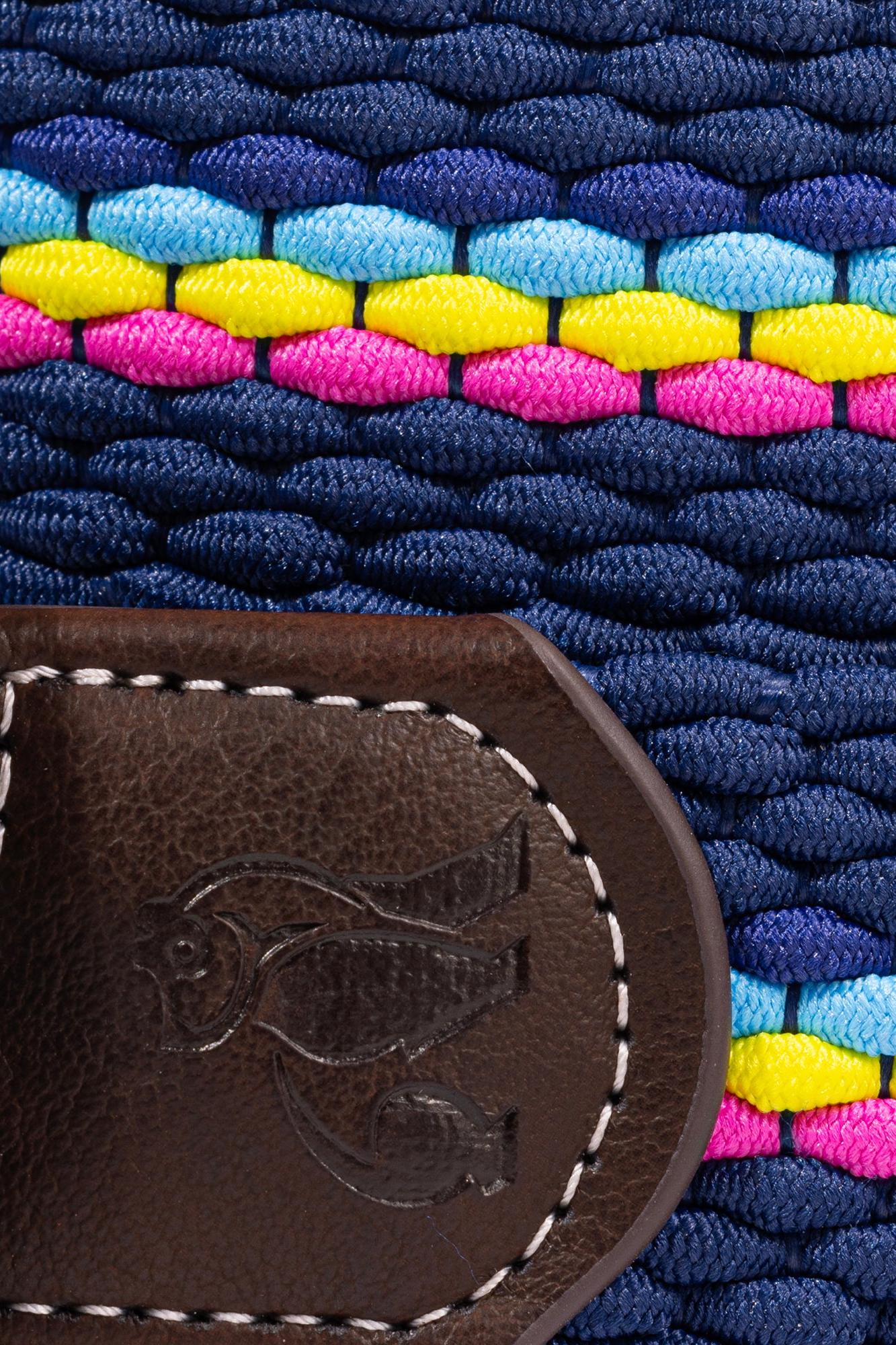 Close-up of a blue woven belt featuring bright neon stripes and a dark brown leather tip with a logo.