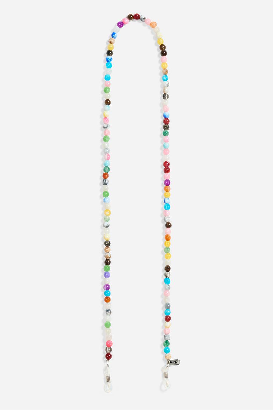 Multicolored beaded glasses chain on a white background