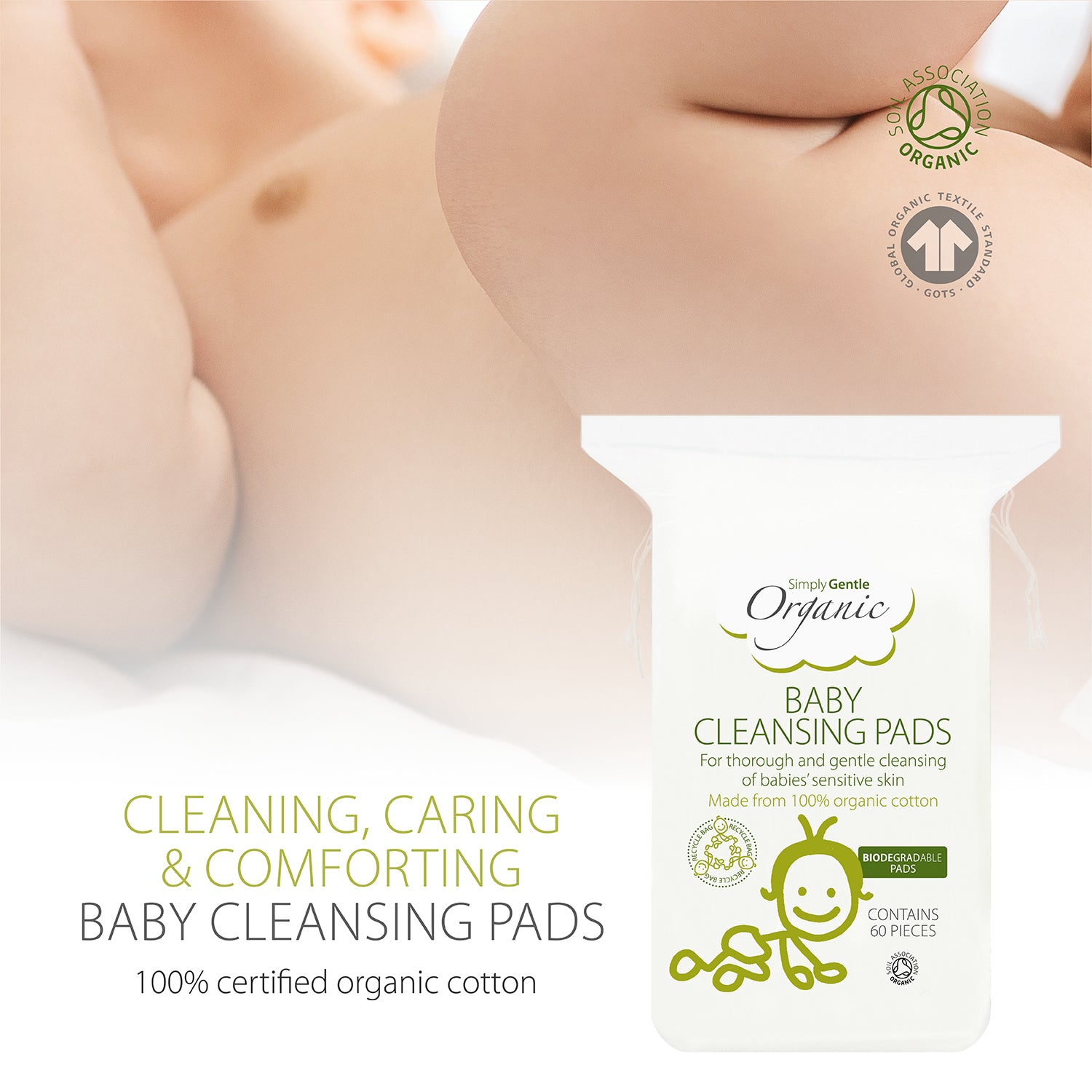 Baby cleansing pads packaging with organic certification logo on a close-up of baby skin background.