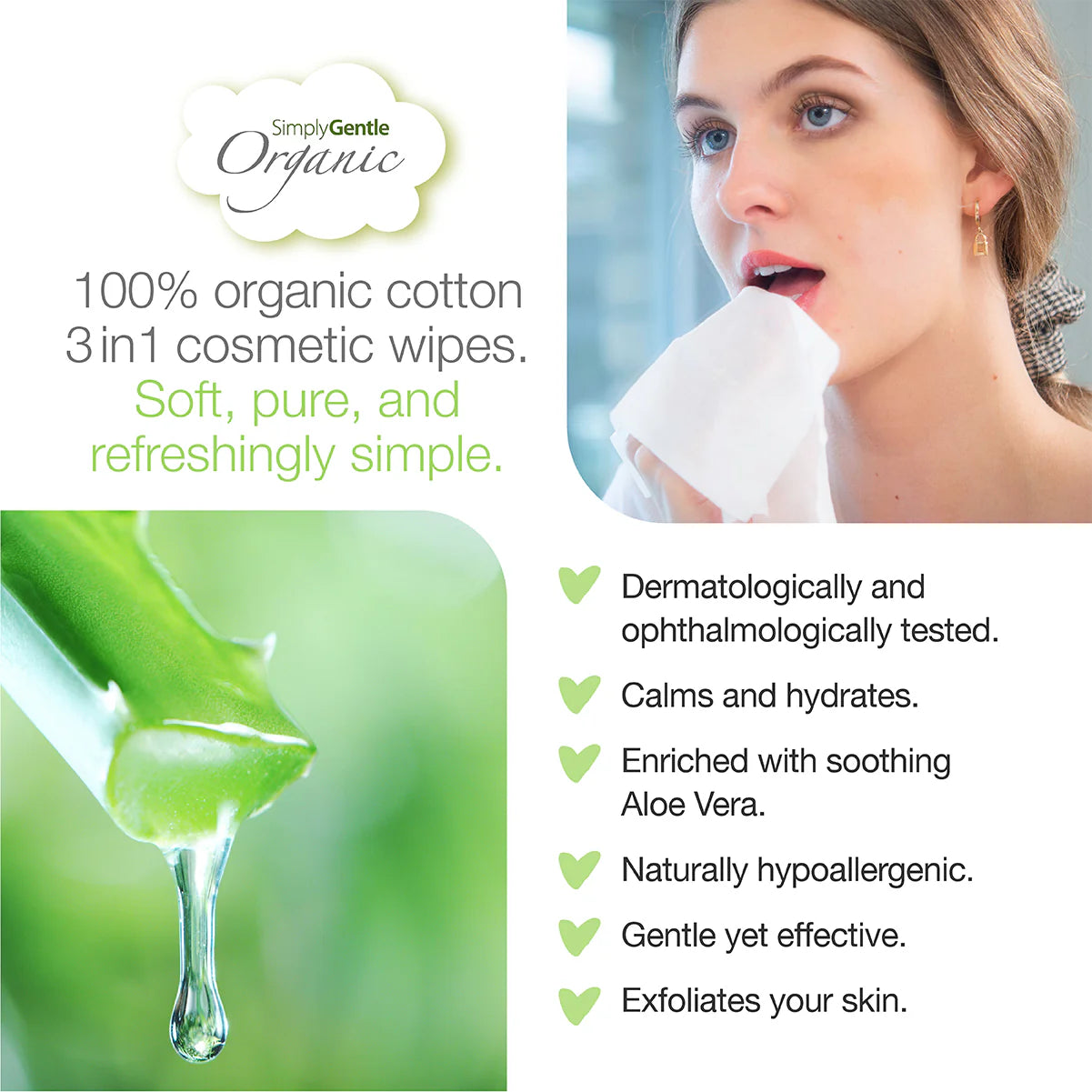 Advertisement for Simply Gentle Organic 3-in-1 cosmetic wipes with a woman using them and product details.