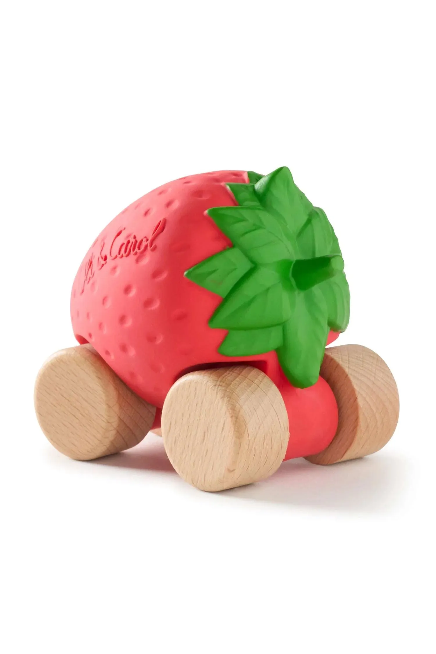 Sustainable baby toy car for 0–4 years, made with plant-based pigments and wooden wheels.