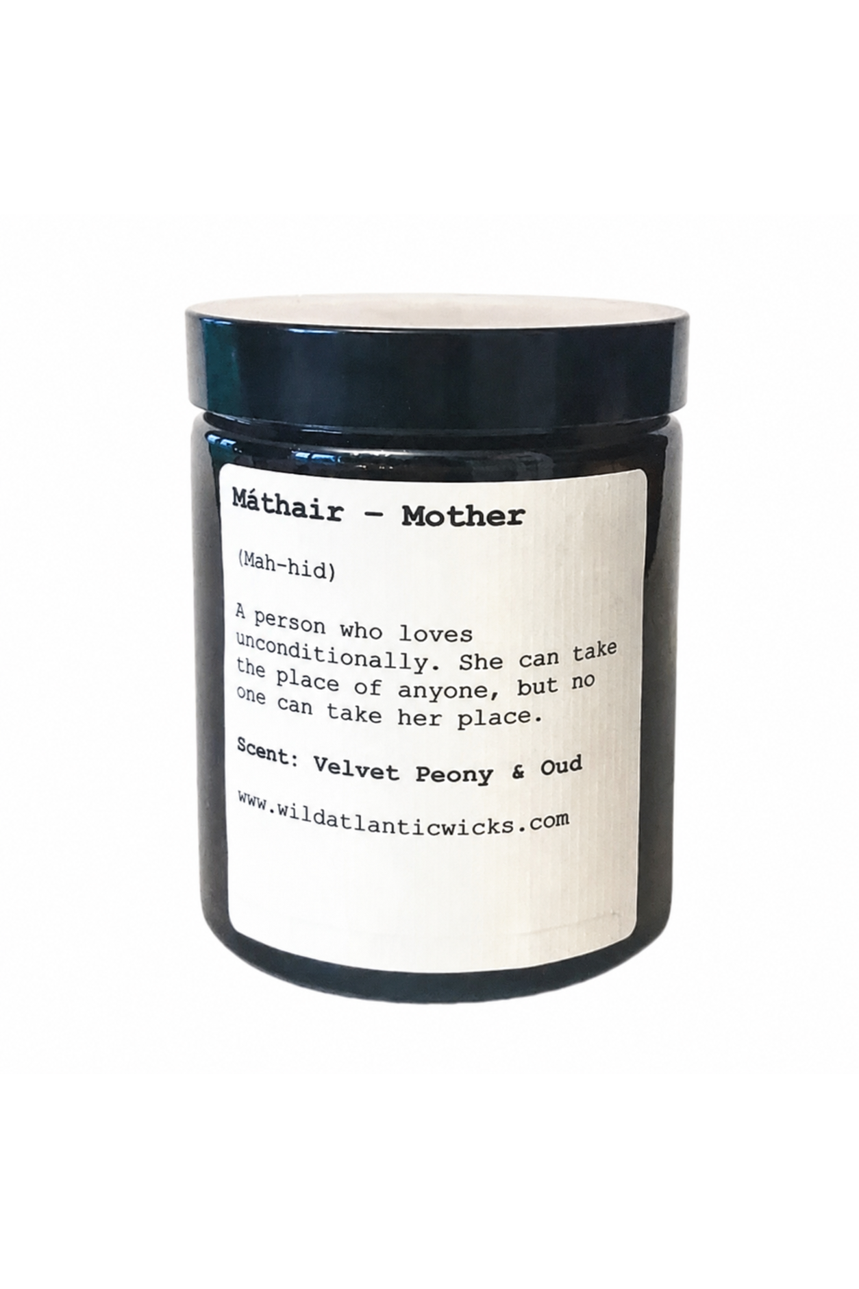 Candle jar labeled 'Máthair - Mother' with description and scent details on a white background