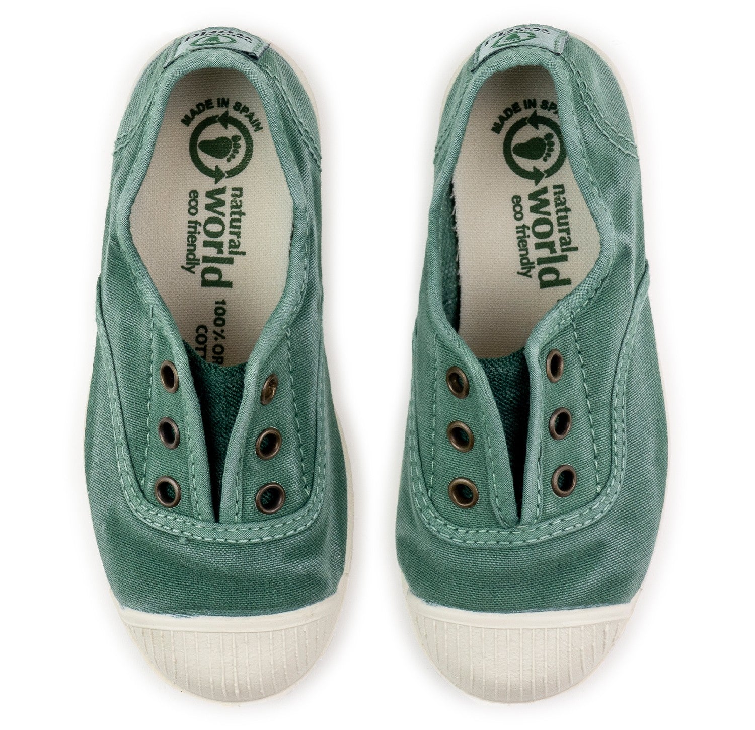 Pair of green sneakers with white soles on a white background