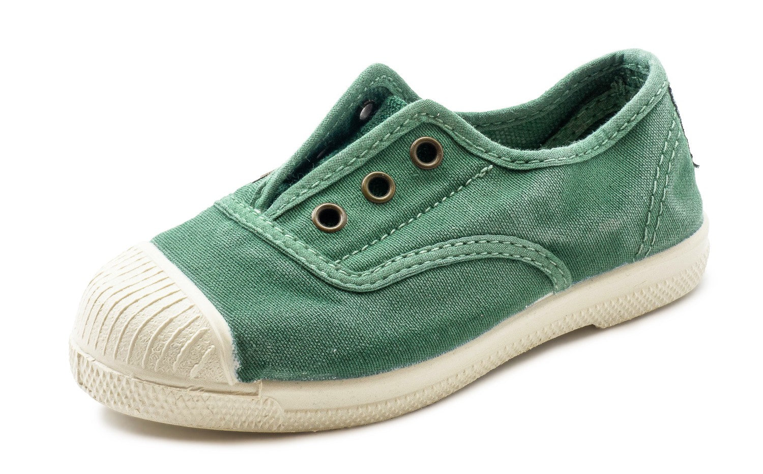 Green children's sneaker with white sole on a white background