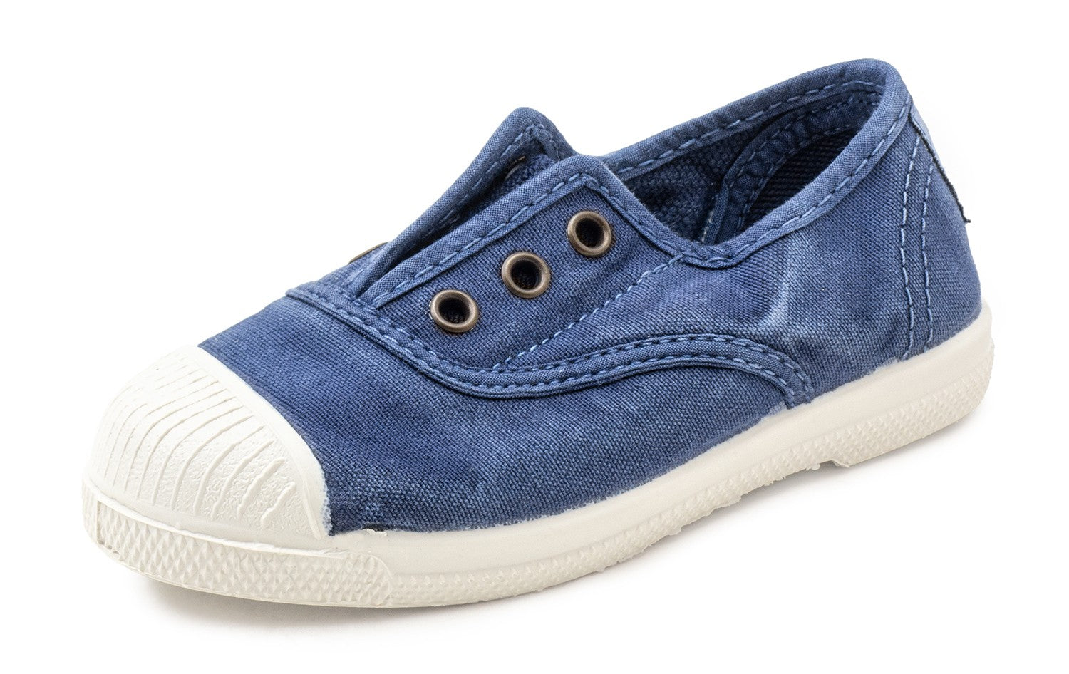 Blue children's shoe with white sole on a white background