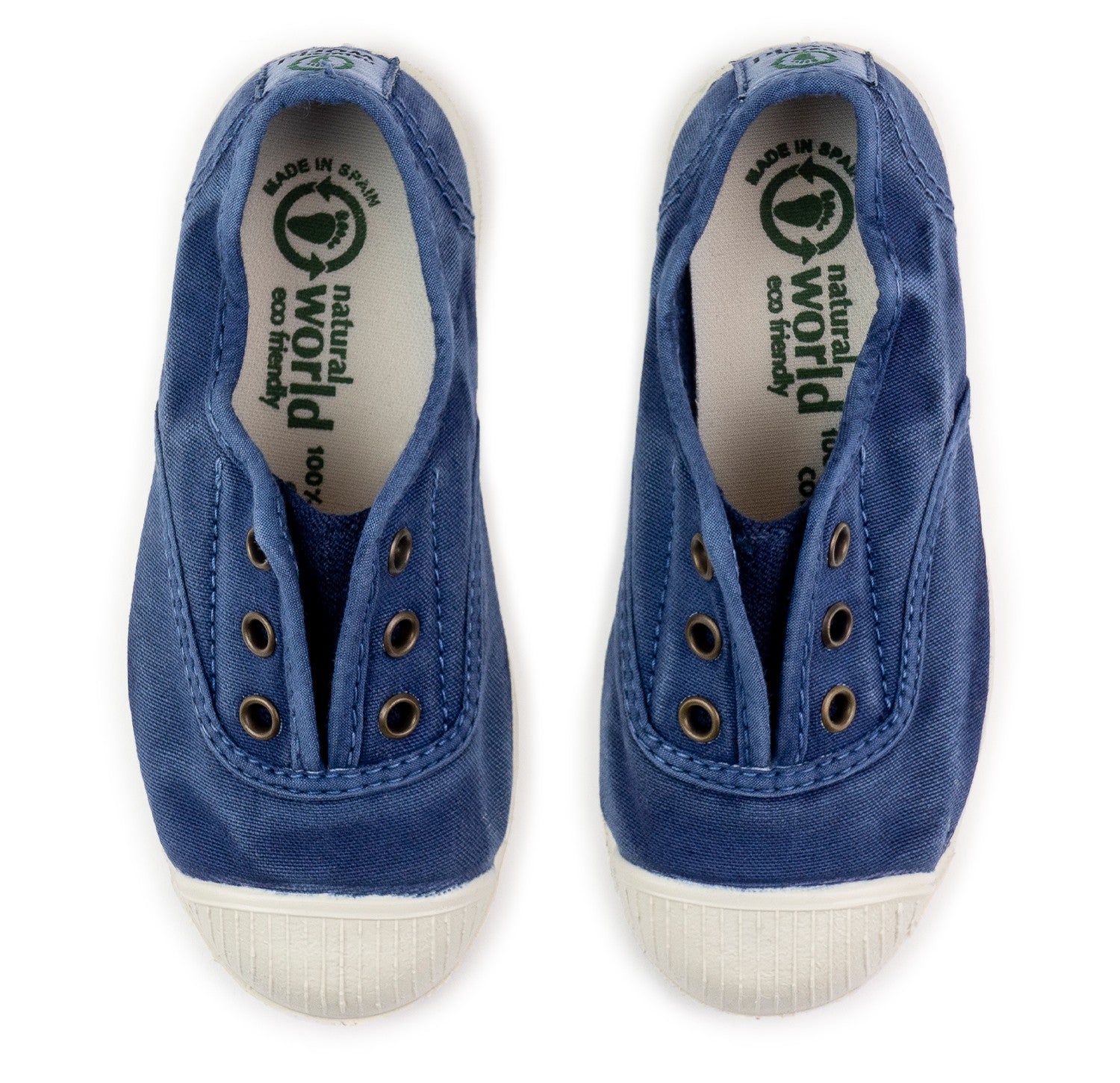 Pair of blue sneakers with white soles on a white background