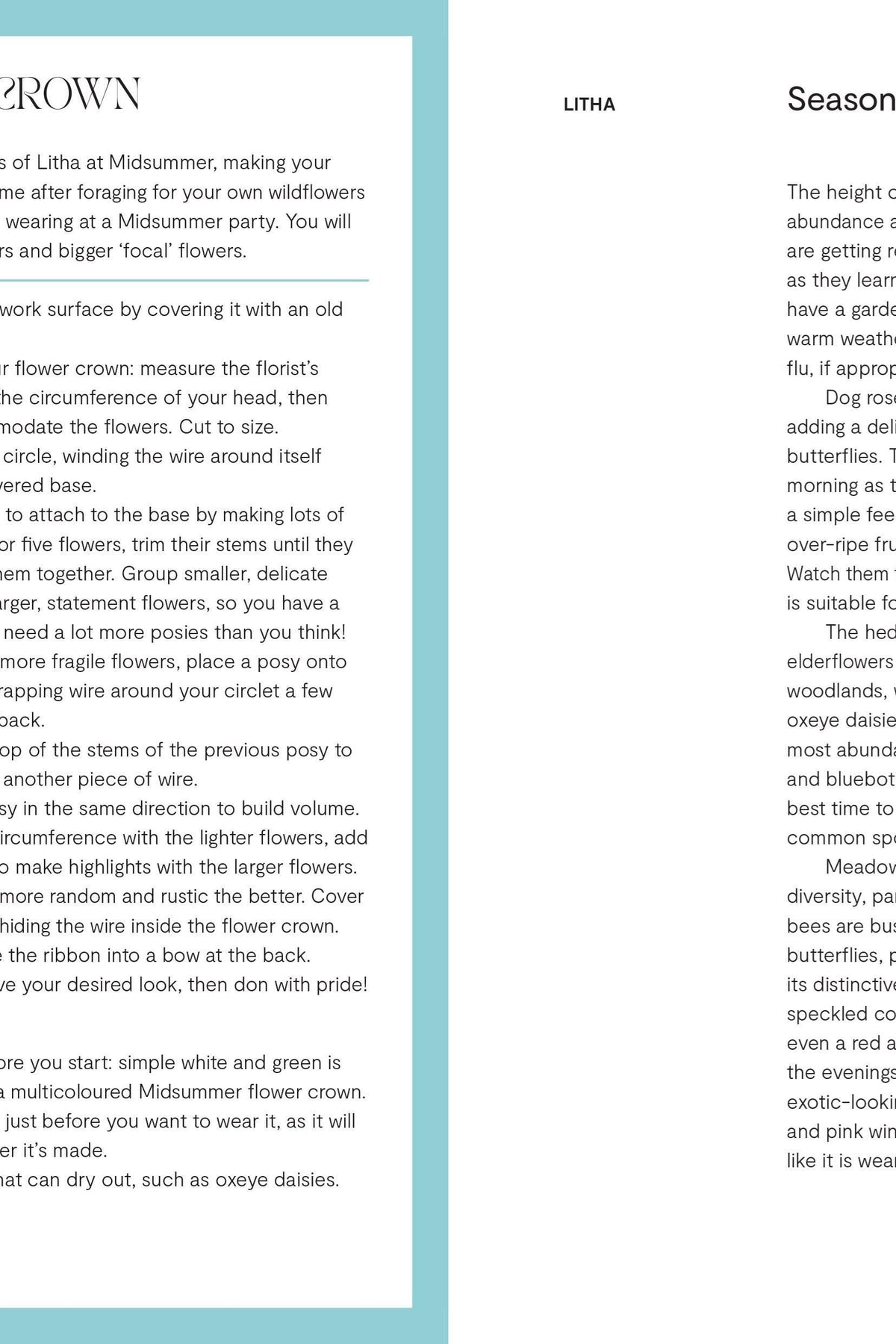 Open book pages detailing a Flower Crown tutorial and nature celebrations for the summer Litha festival.