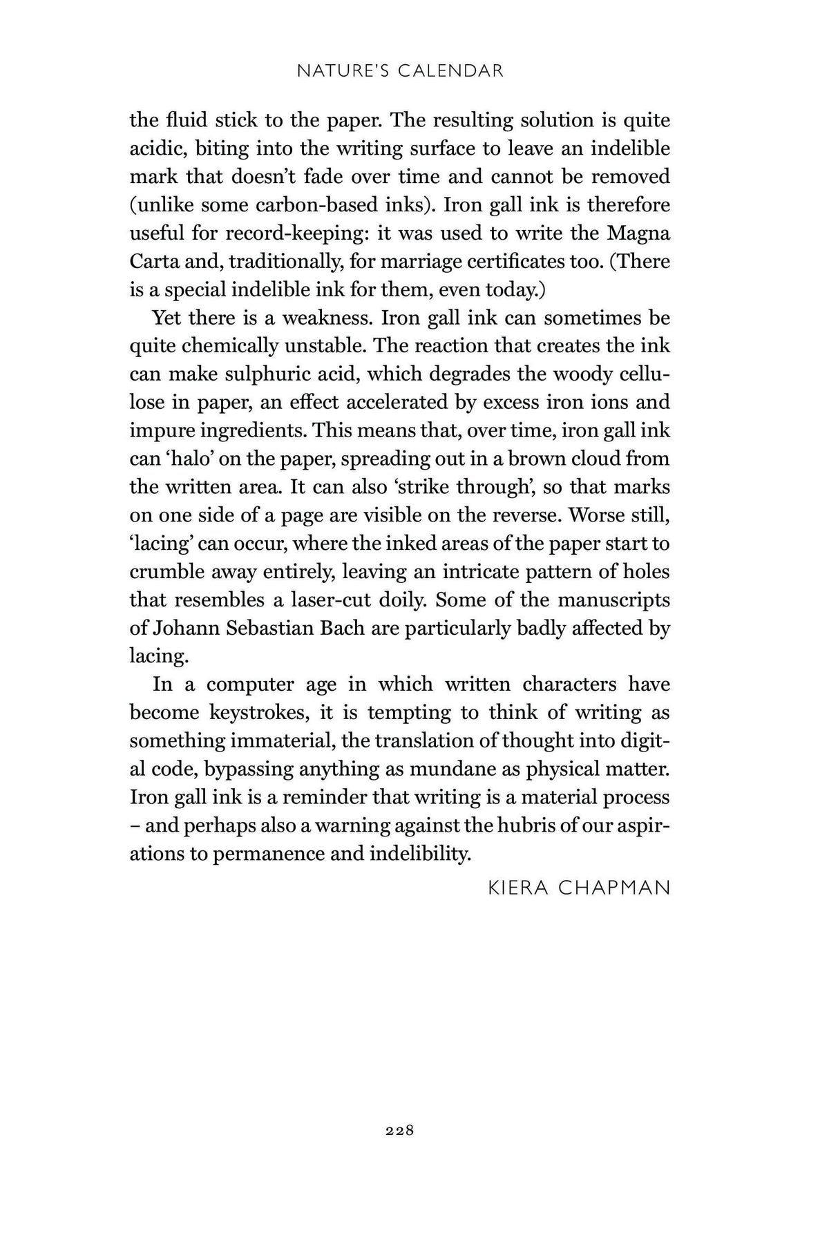 A page from the book Nature's Calendar discussing the history and chemical properties of iron gall ink.
