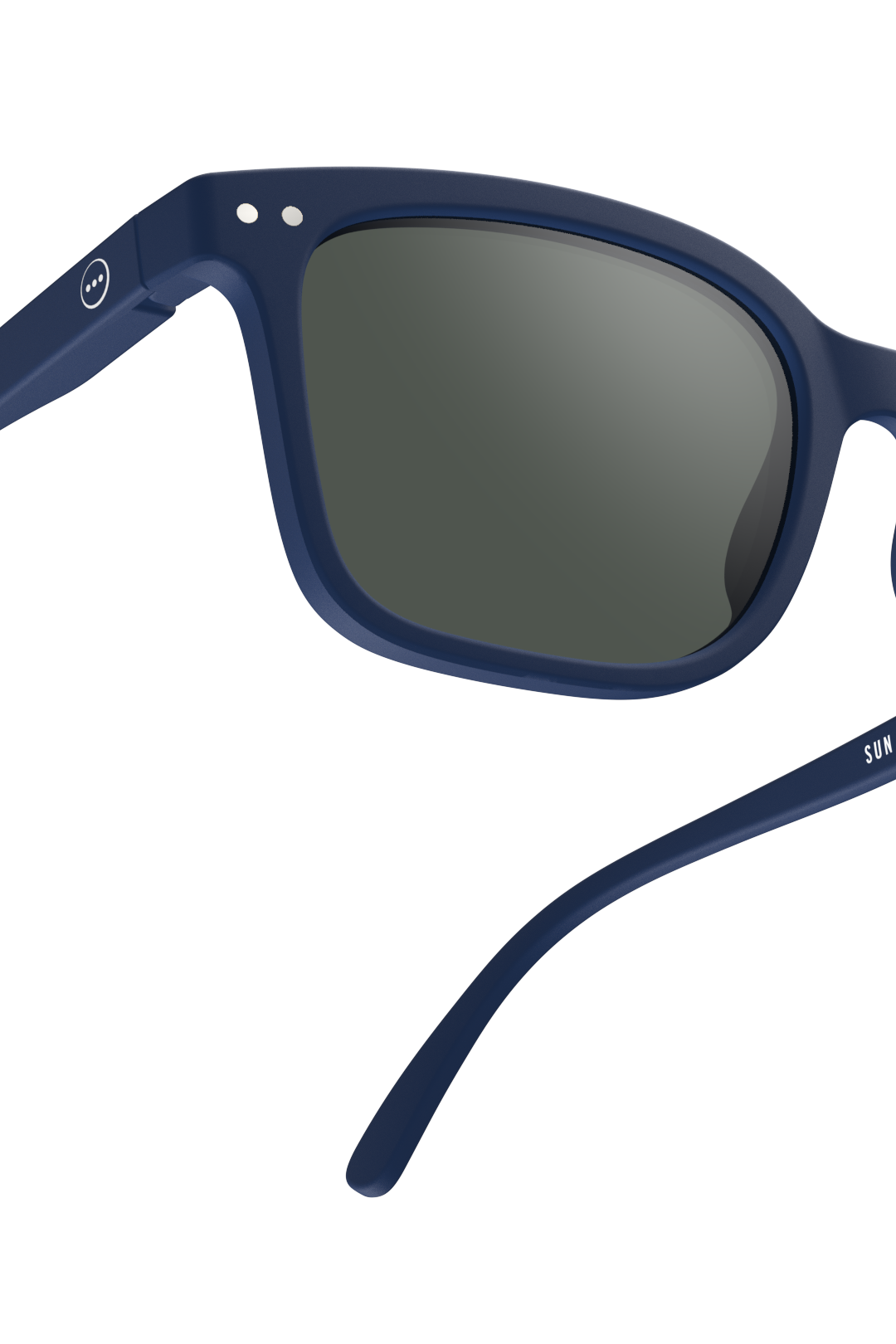 Close-up of navy blue Izipizi sunglasses with dark lenses on a white background.