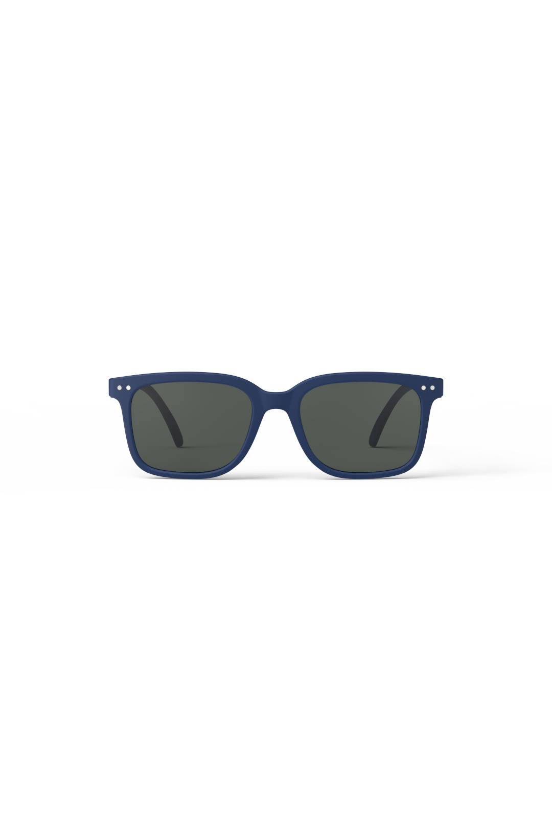 A pair of navy blue Izipizi sunglasses viewed from the front against a white background.
