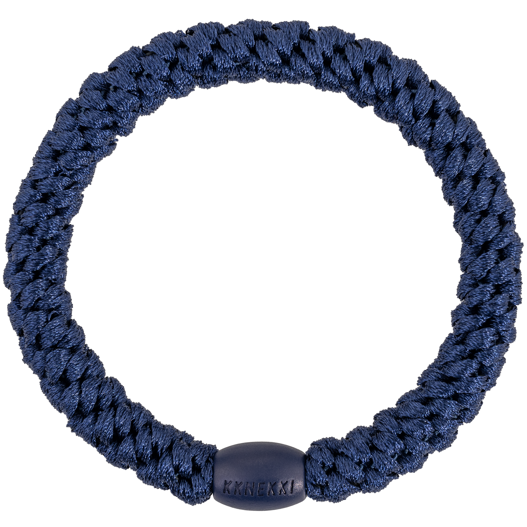 Navy blue braided hair tie with a dark blue ball on a white background
