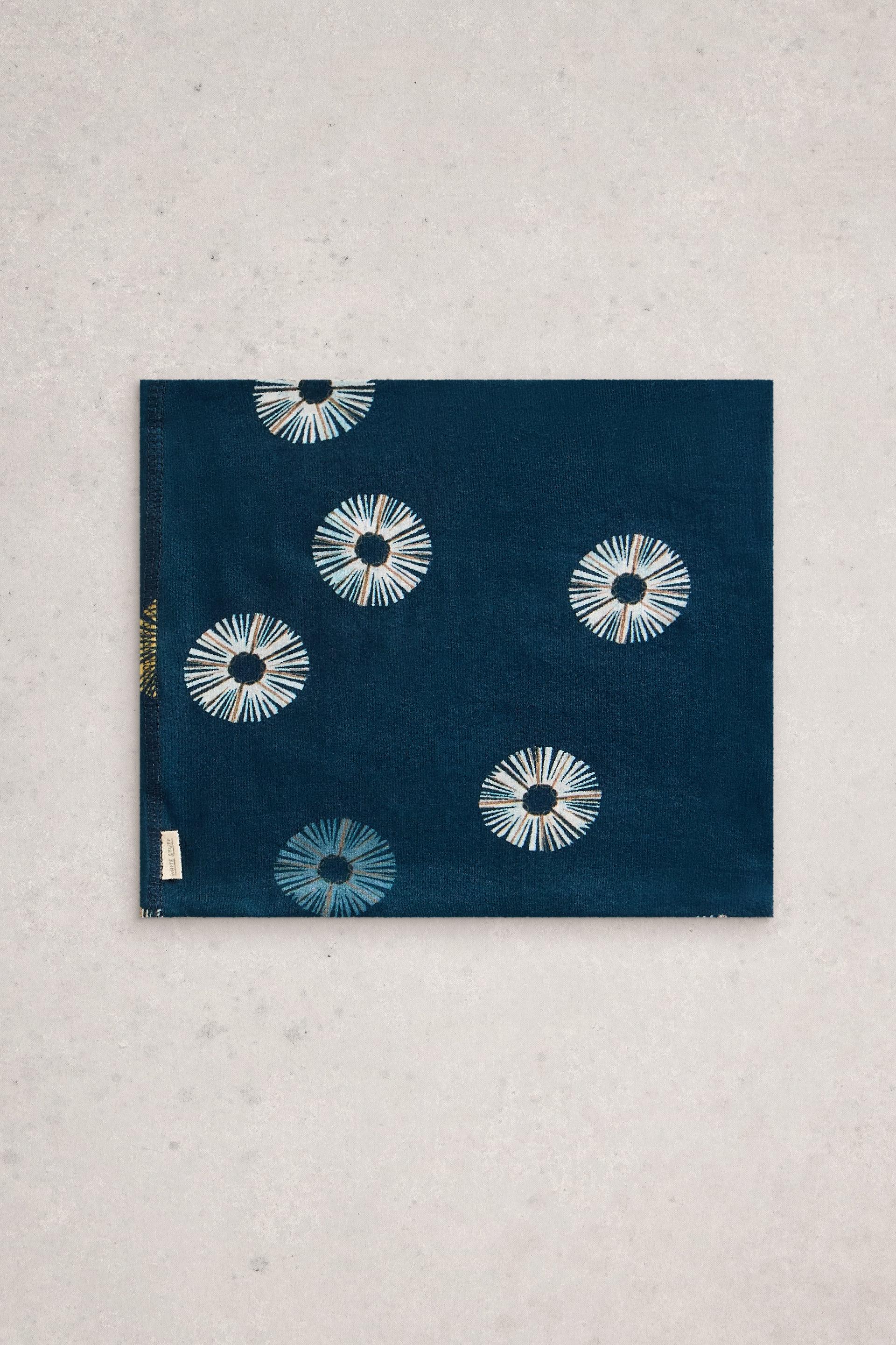 Navy blue fabric with white floral patterns on a light gray background