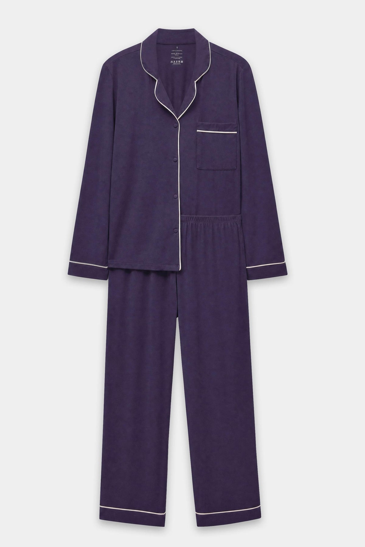 Women's navy blue Tencel pyjamas with white piping detail
