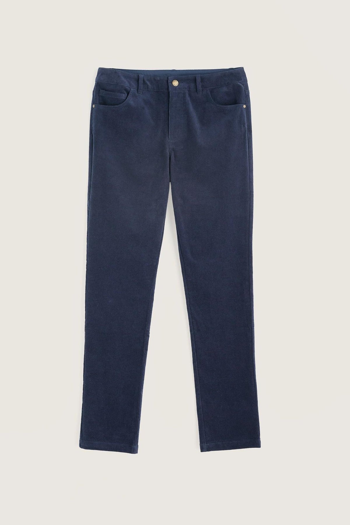 Women's navy blue cord trousers in organic cotton, perfect for autumn and winter seasonal wear.