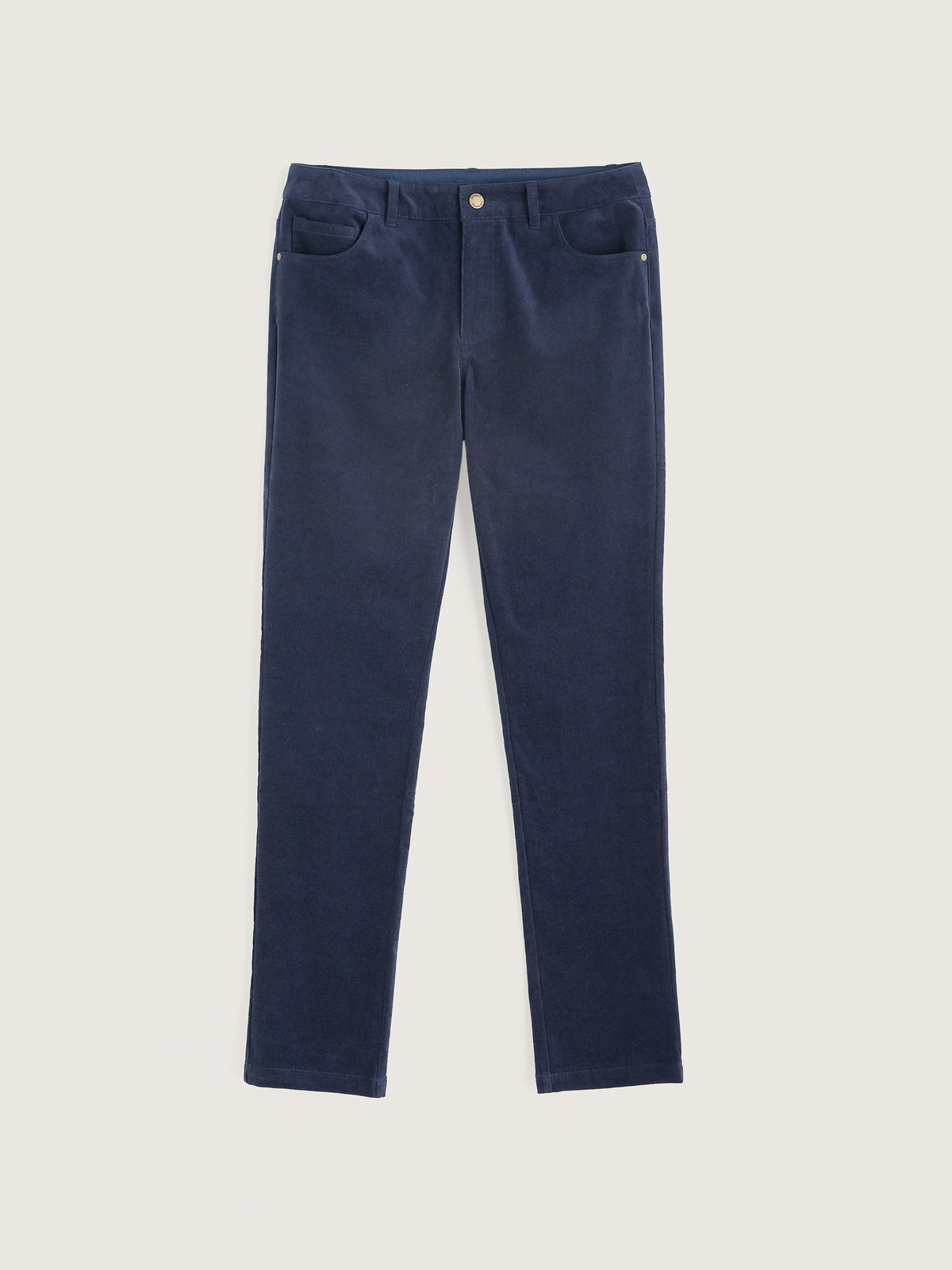 Women's navy blue cord trousers in organic cotton, perfect for autumn and winter seasonal wear.