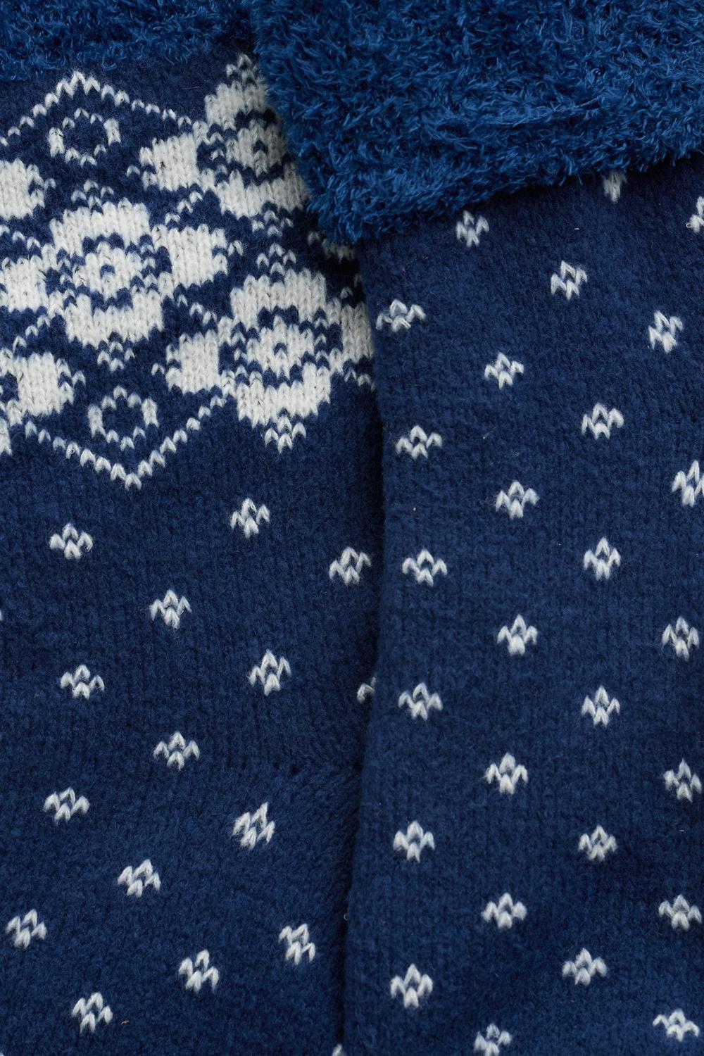 Close-up of cosy navy blue fluffy winter socks with white fairisle patterned detail.