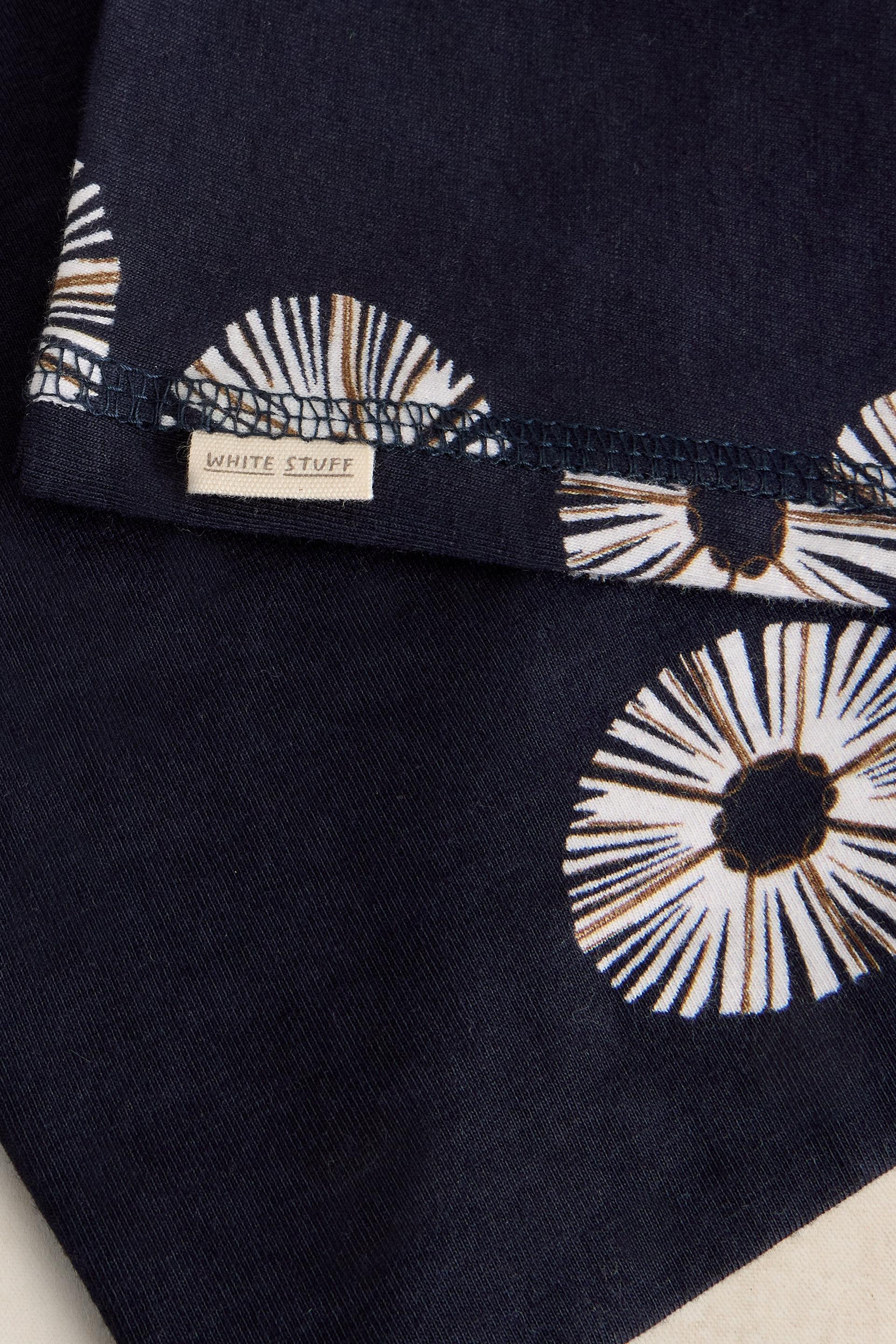 Navy blue fabric with white and gold floral patterns and 'White Stuff' label.
