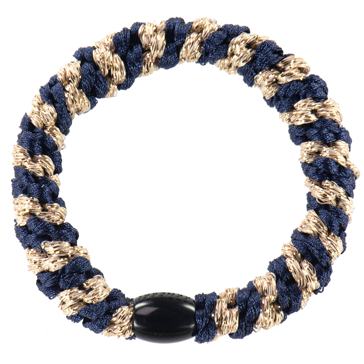 A braided navy blue and gold Kknekki hair tie with a black plastic bead connector against a white background.


