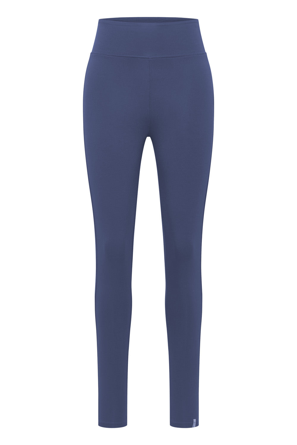 Navy blue high-waisted leggings isolated on a white background.