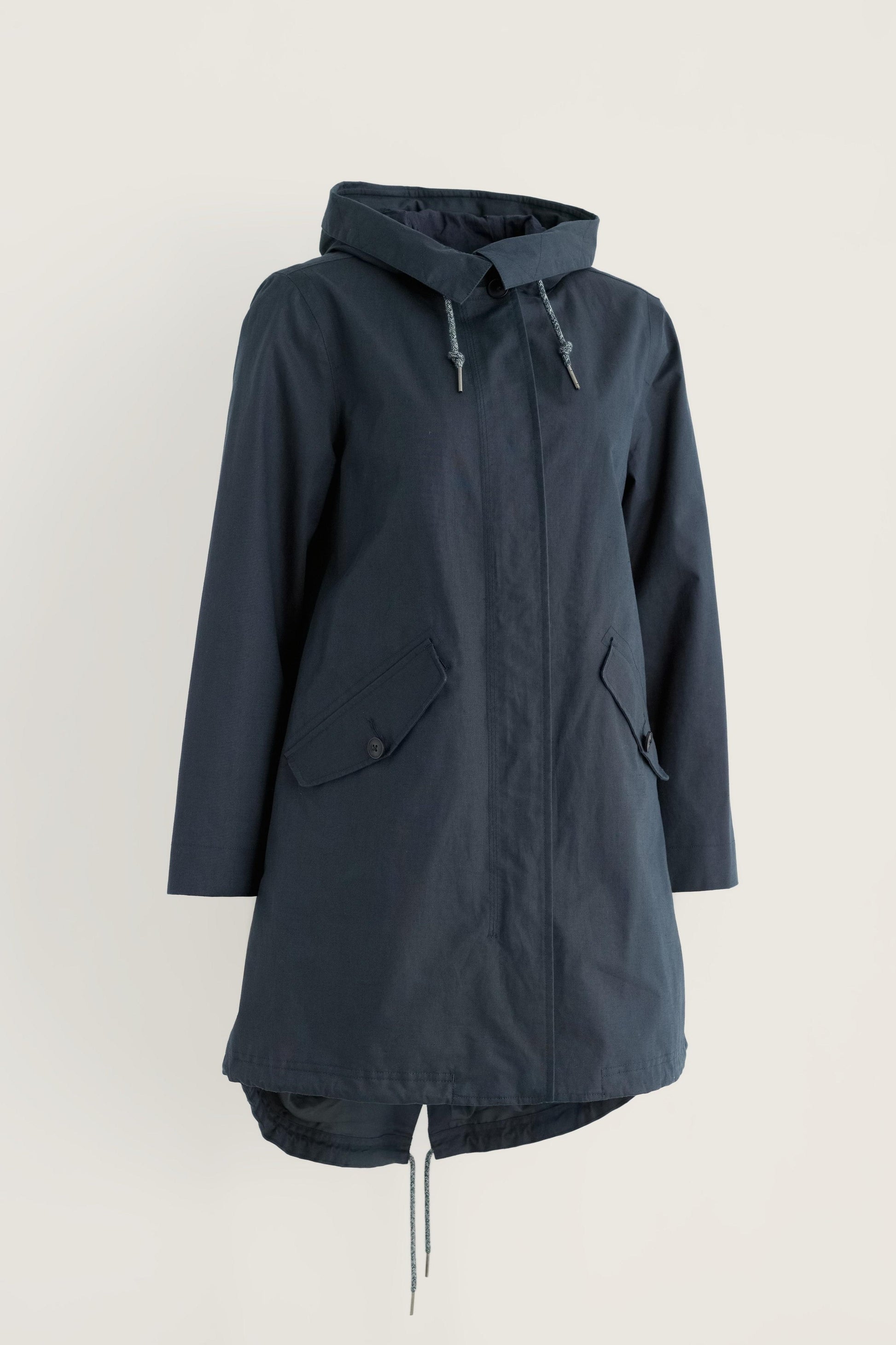 A dark navy blue hooded raincoat with a front zipper, drawstrings, and two large front flap pockets, displayed against a plain off-white background.