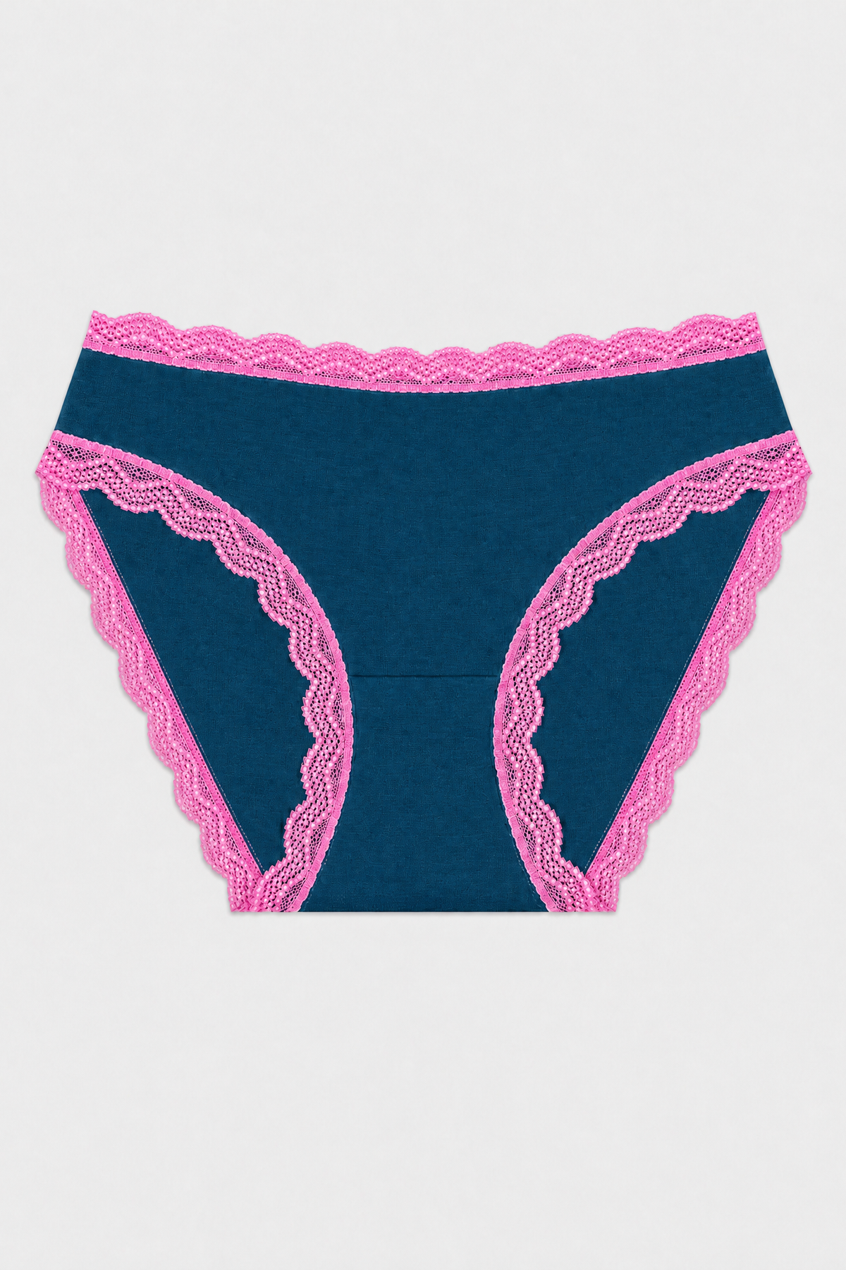 Navy and pink classic cut women's underwear with floral lace trim detailing.