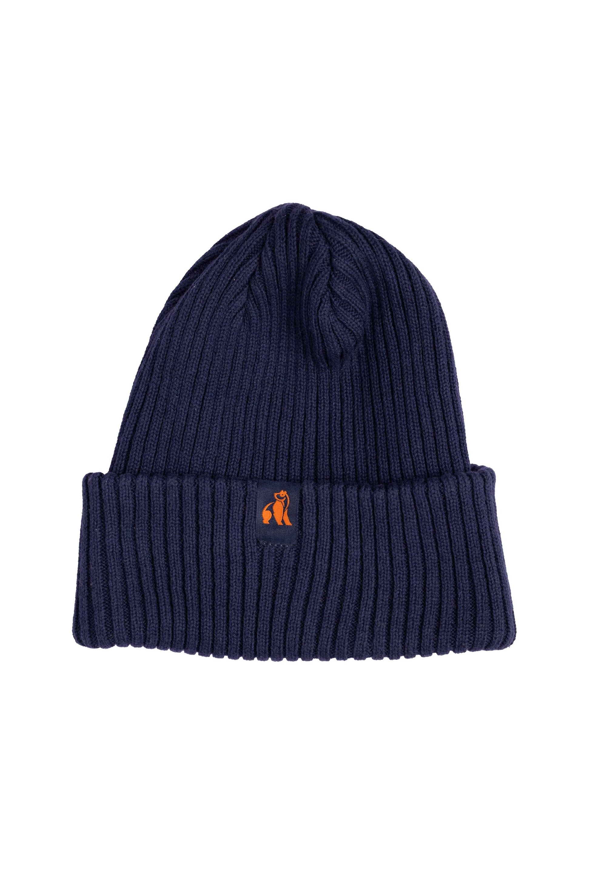 A navy blue ribbed knit beanie with an orange Swole Panda logo patch, isolated on a white background.