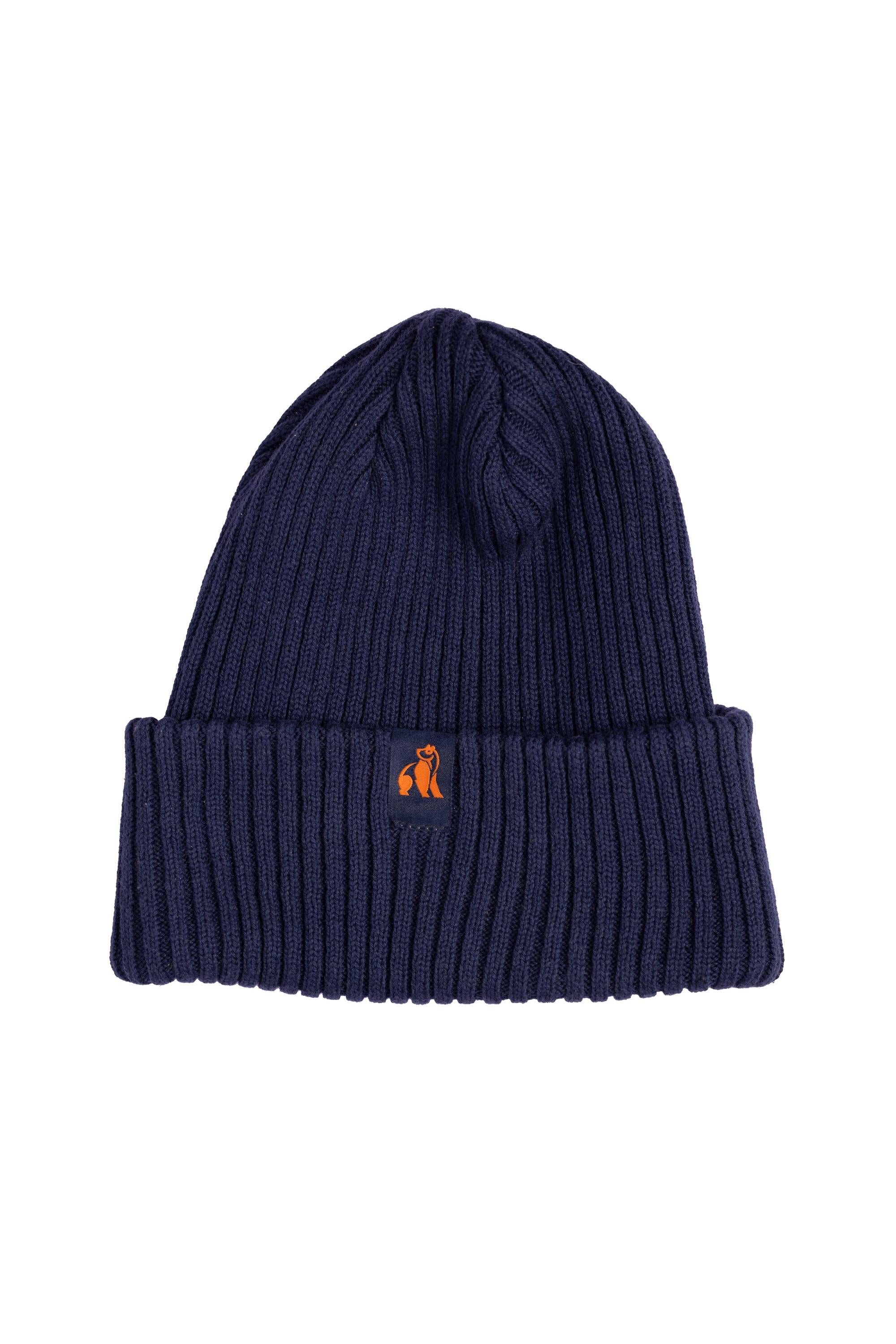 A navy blue ribbed knit beanie with an orange Swole Panda logo patch, isolated on a white background.
