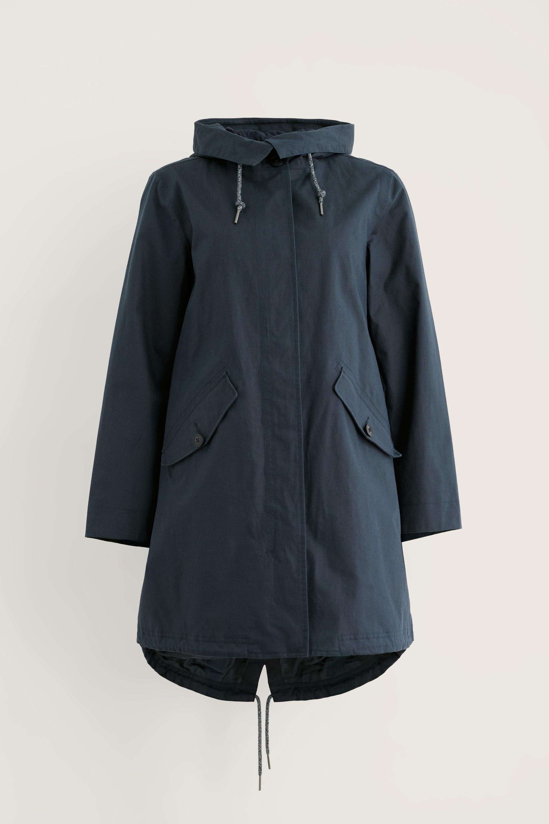 A dark navy hooded raincoat with a front flap closure and drawstring hood, displayed against a plain light beige background.