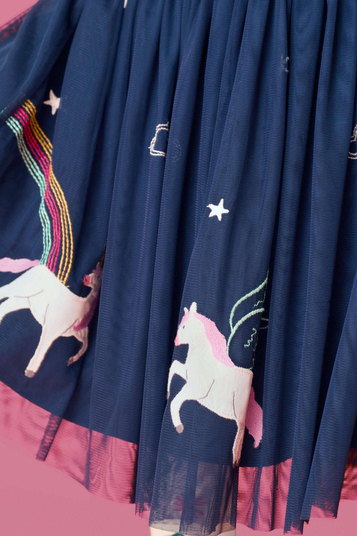 Frugi navy party dress featuring embroidered unicorns, rainbows, and stars on recycled polyester tulle fabric.