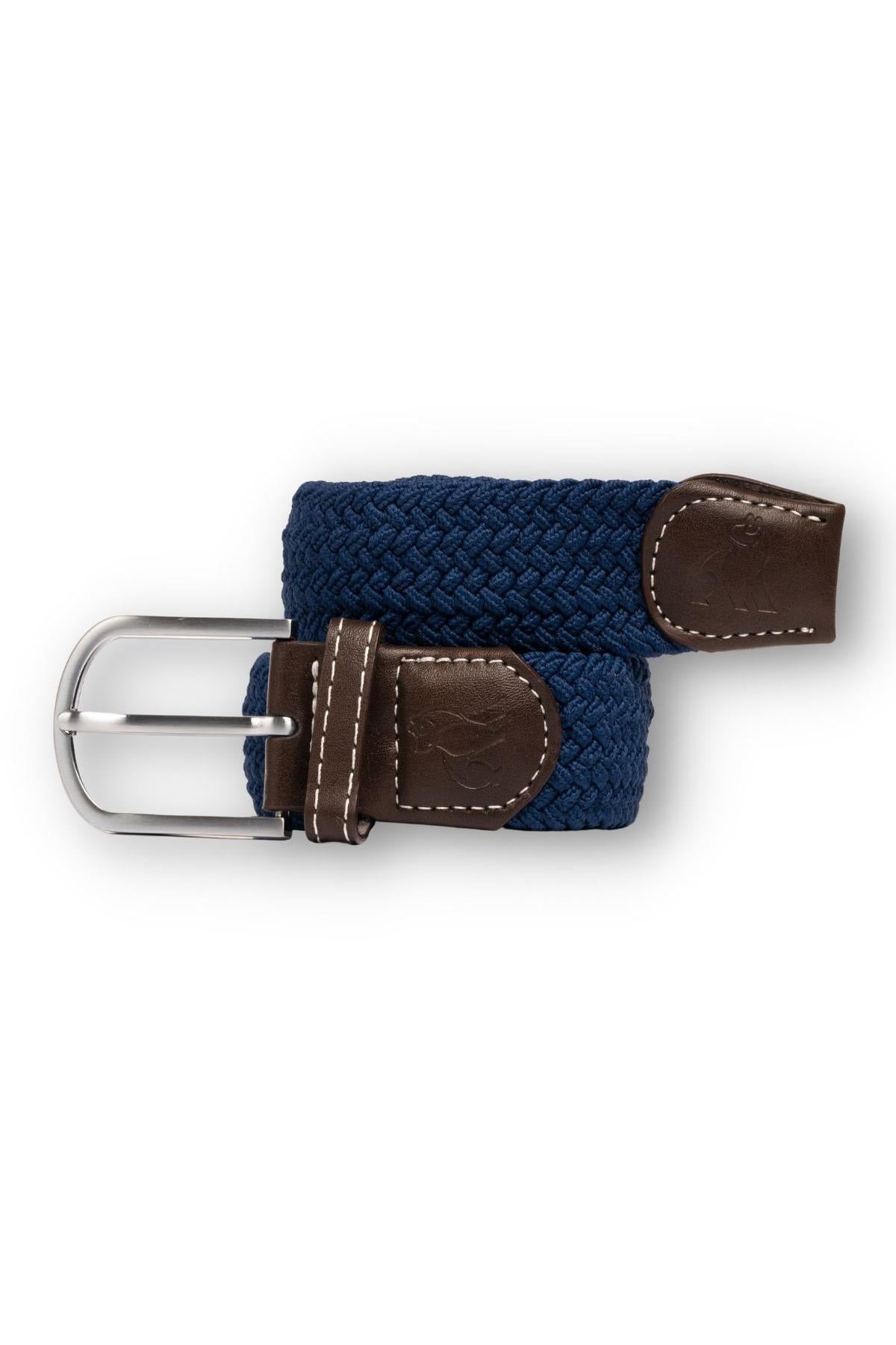 A navy woven belt featuring brown leather trim, white stitching, and a metallic silver buckle against a white background.