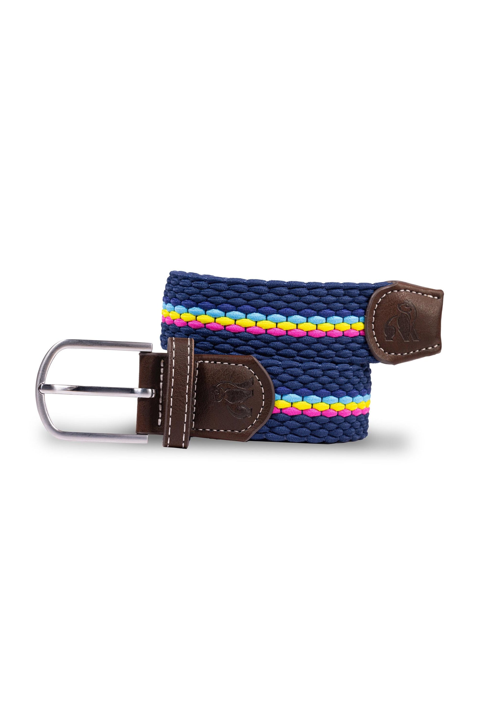 A navy blue woven belt featuring bright pink, yellow, and light blue stripes with brown leather details.